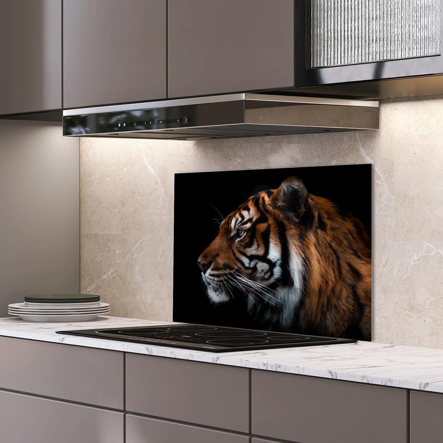 Eigen afmeting spatscherm-op-maat Keuken - Hittebestendig gehard glas - Zijportret van Tijger