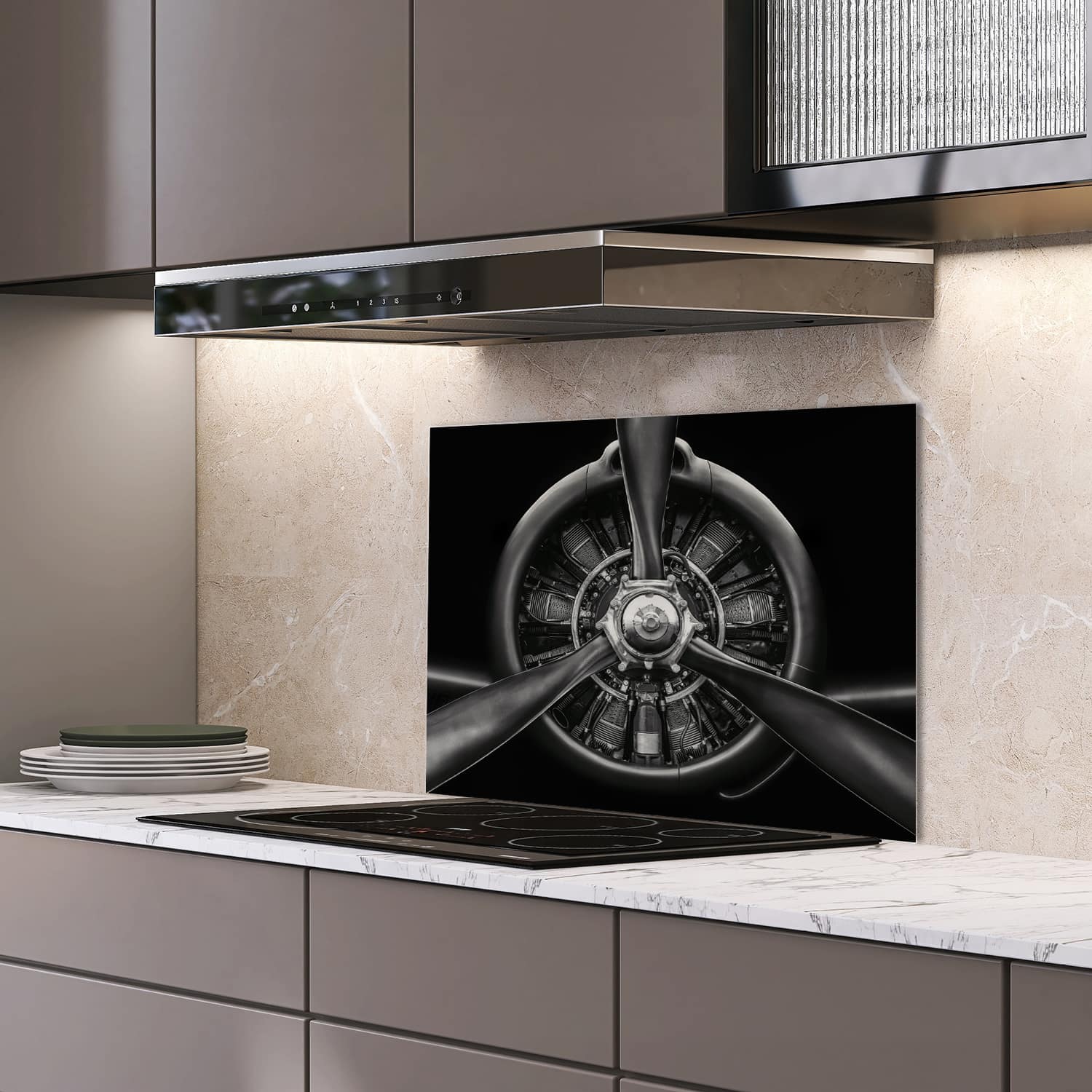Eigen afmeting spatscherm-op-maat Keuken - Hittebestendig gehard glas - Vliegtuigradiaalmotor