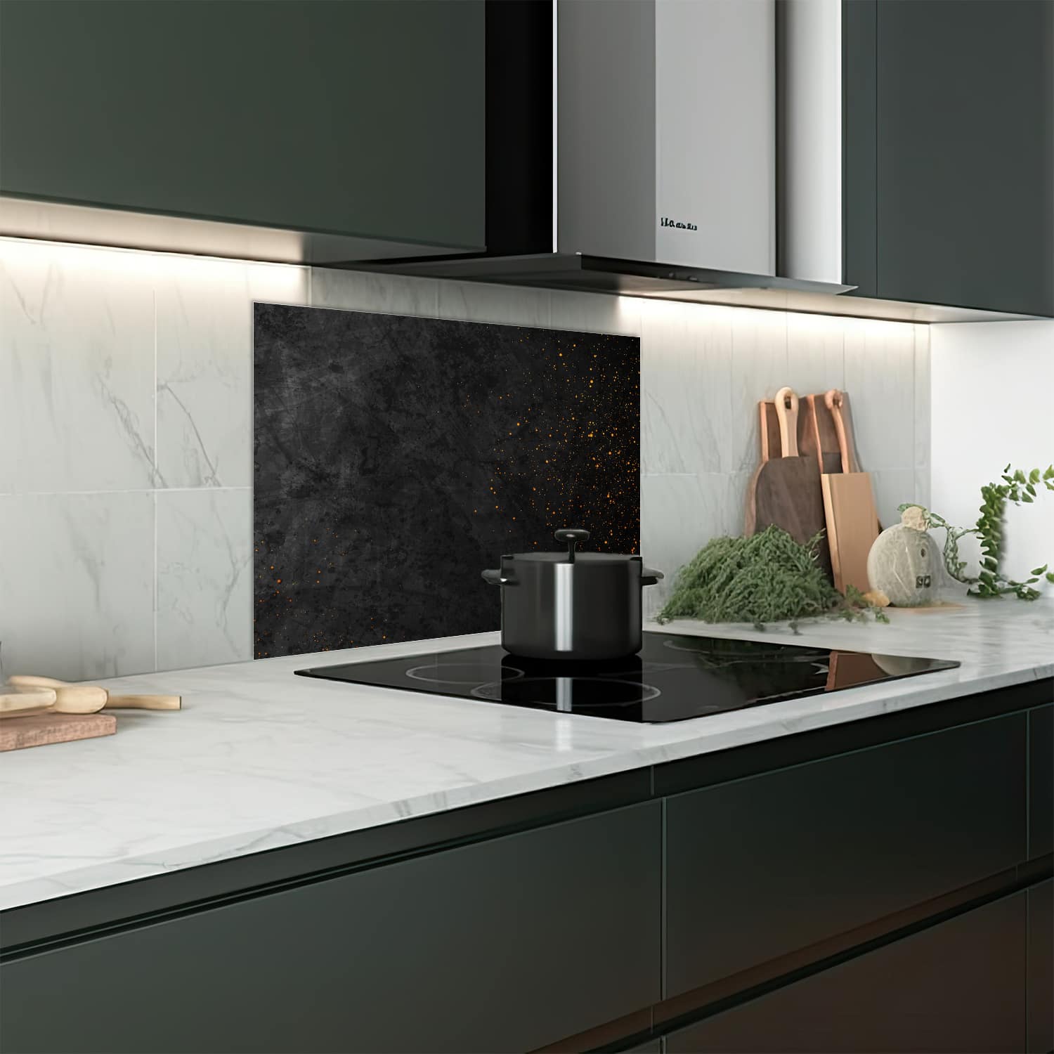 Eigen afmeting spatscherm-op-maat Keuken - Hittebestendig gehard glas - Zwarte Textuur met Gouden Deeltjes