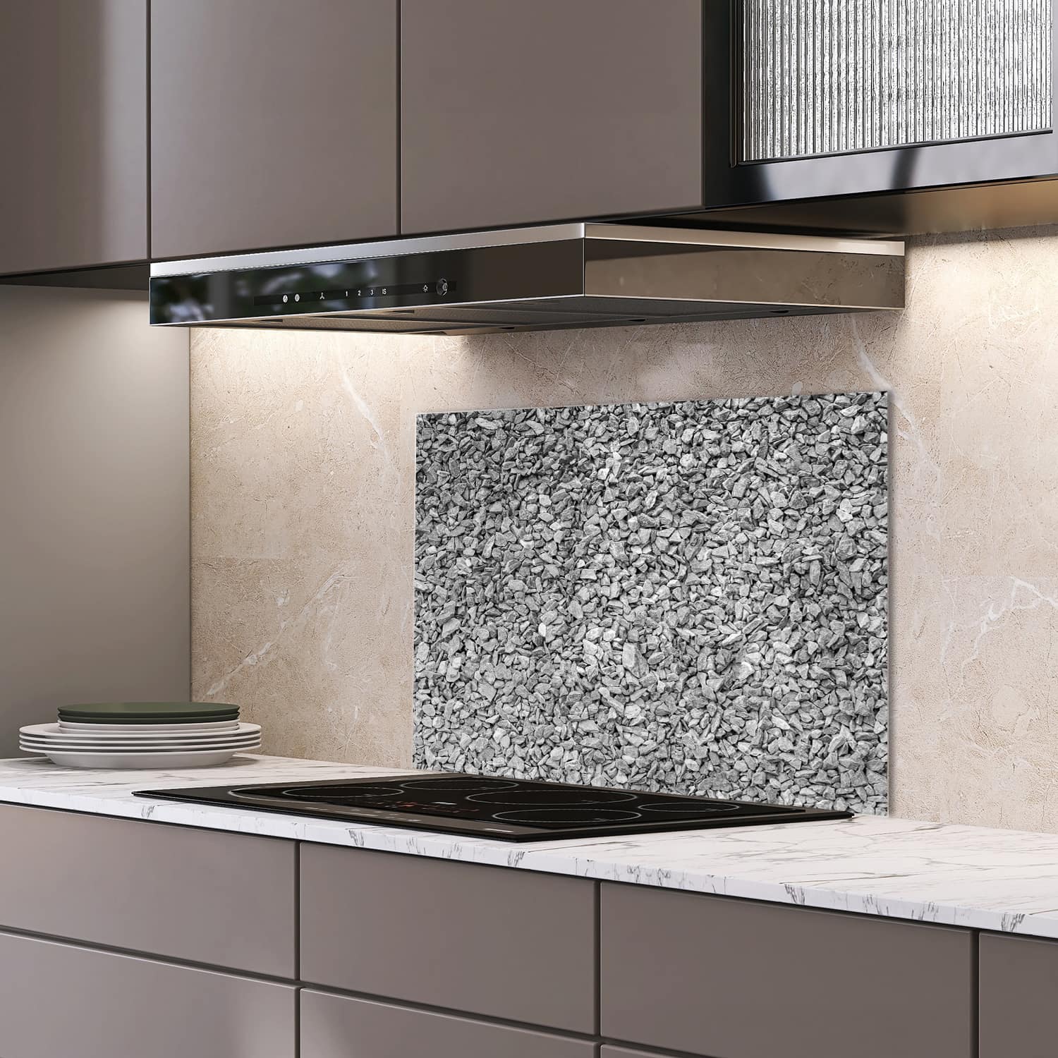 Eigen afmeting spatscherm-op-maat Keuken - Hittebestendig gehard glas - Grijs Grind