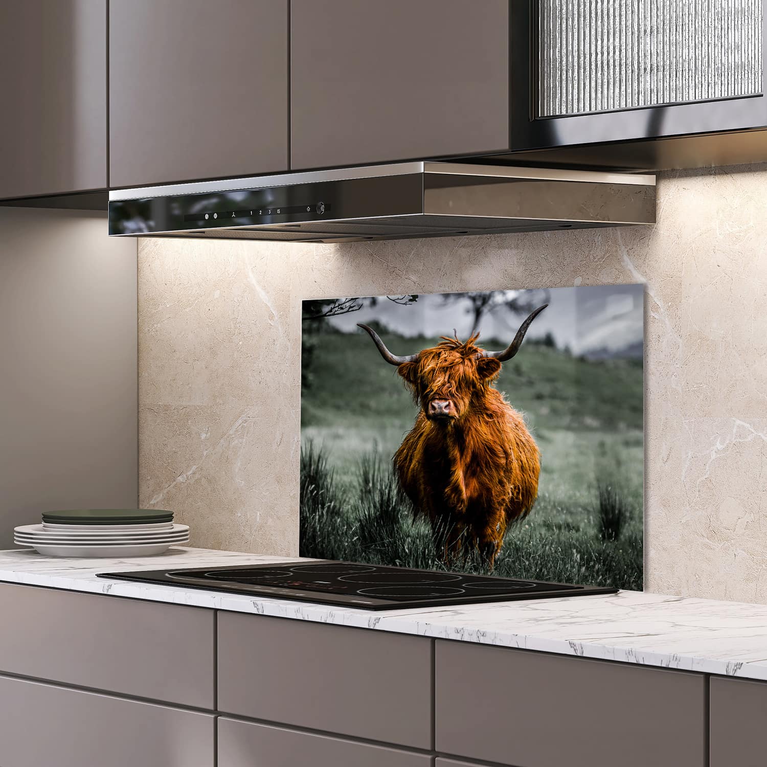 Eigen afmeting spatscherm-op-maat Keuken - Hittebestendig gehard glas - Schotse Hooglander