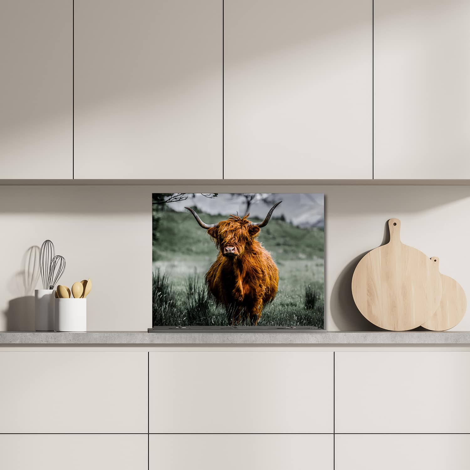 Eigen afmeting spatscherm-op-maat Keuken - Hittebestendig gehard glas - Schotse Hooglander