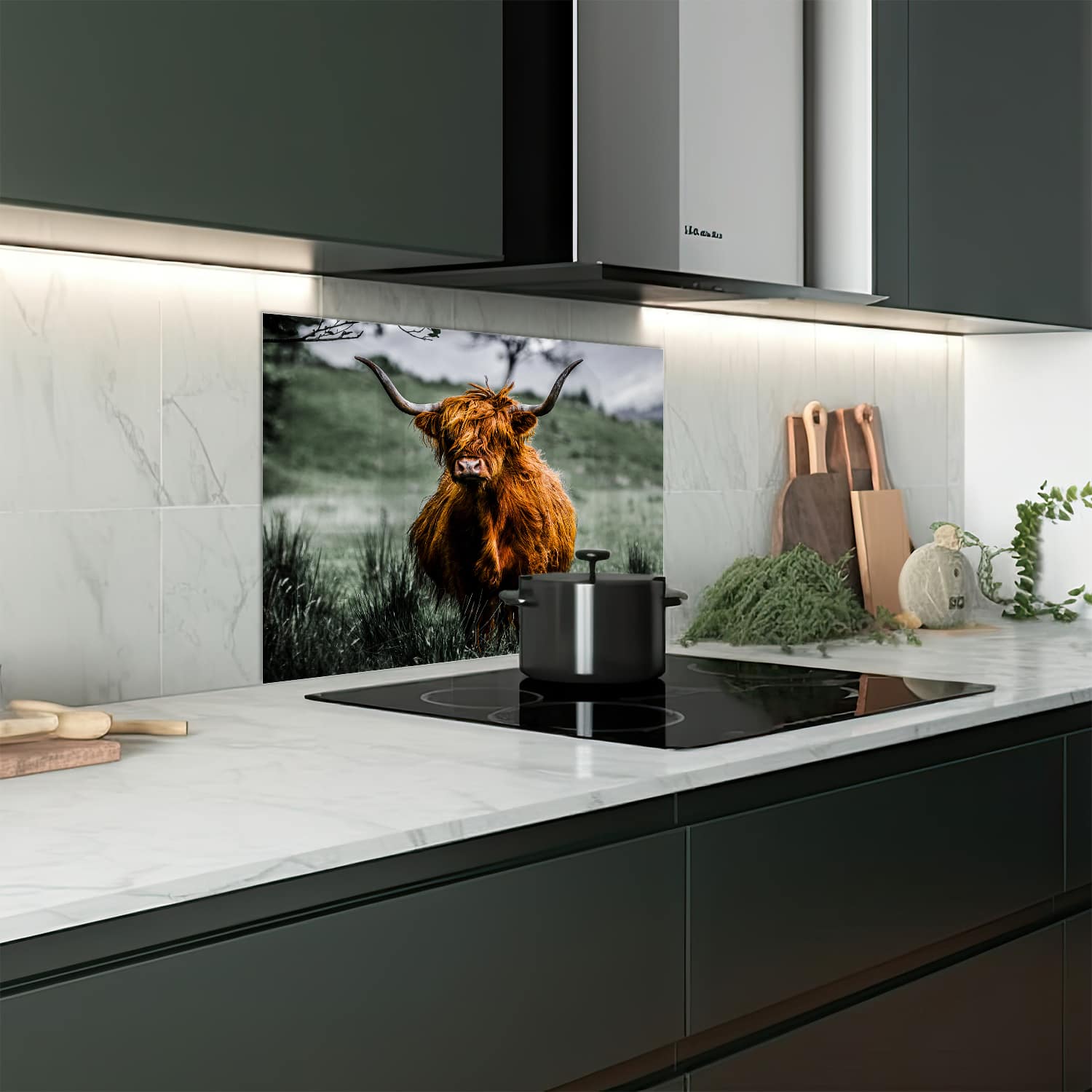 Eigen afmeting spatscherm-op-maat Keuken - Hittebestendig gehard glas - Schotse Hooglander