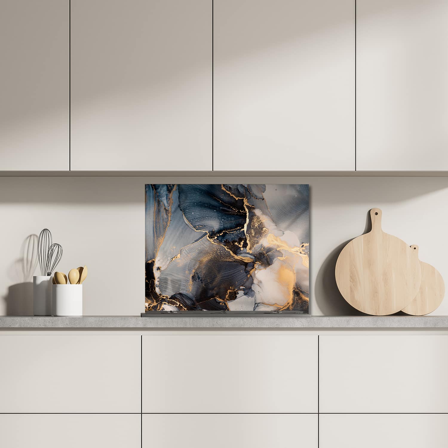 Eigen afmeting spatscherm-op-maat Keuken - Hittebestendig gehard glas - Zwart en Goud Abstract Kunst