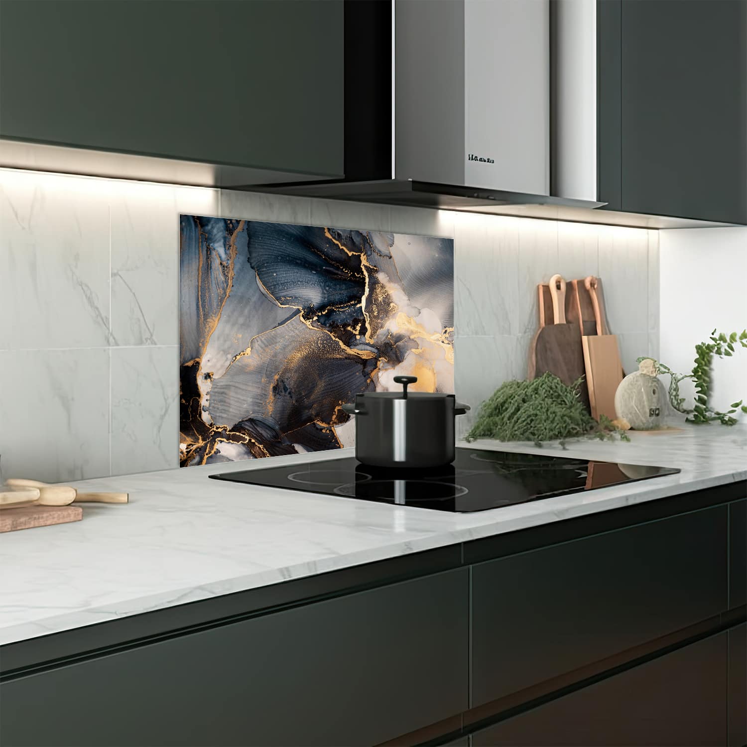 Eigen afmeting spatscherm-op-maat Keuken - Hittebestendig gehard glas - Zwart en Goud Abstract Kunst