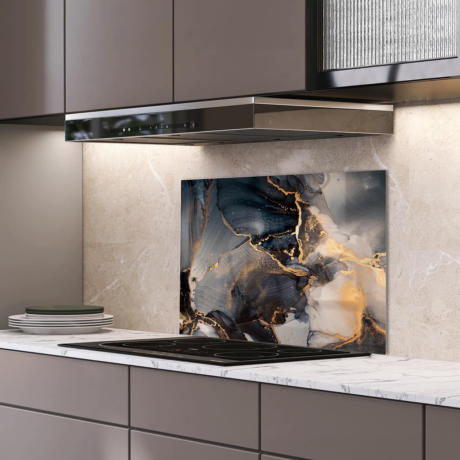 Eigen afmeting spatscherm-op-maat Keuken - Hittebestendig gehard glas - Zwart en Goud Abstract Kunst