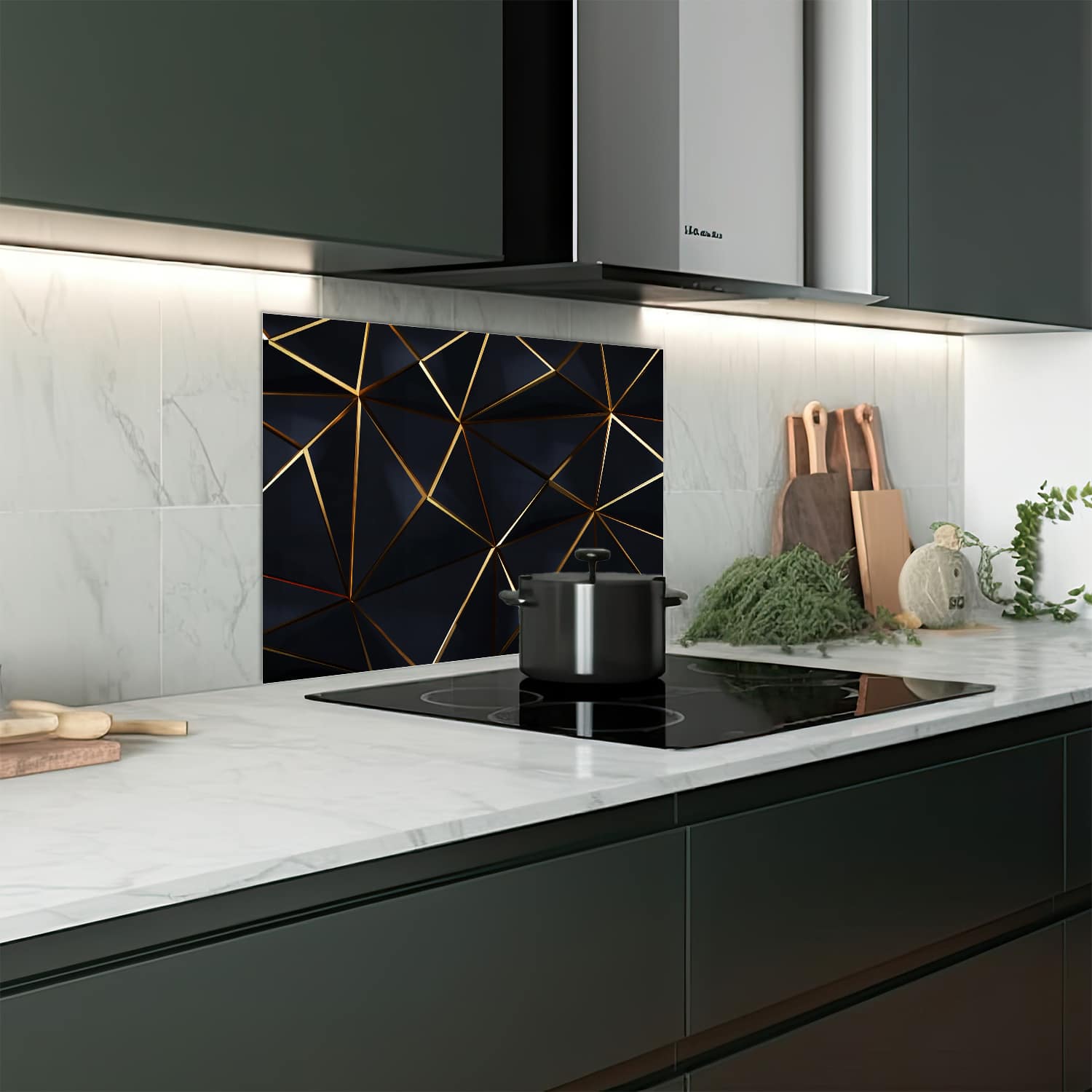 Eigen afmeting spatscherm-op-maat Keuken - Hittebestendig gehard glas - Zwart-Goude geometrische