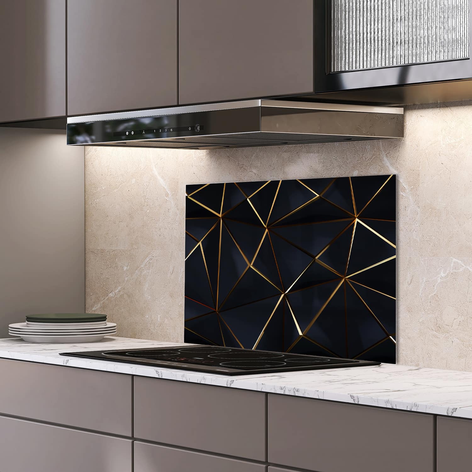 Eigen afmeting spatscherm-op-maat Keuken - Hittebestendig gehard glas - Zwart-Goude geometrische