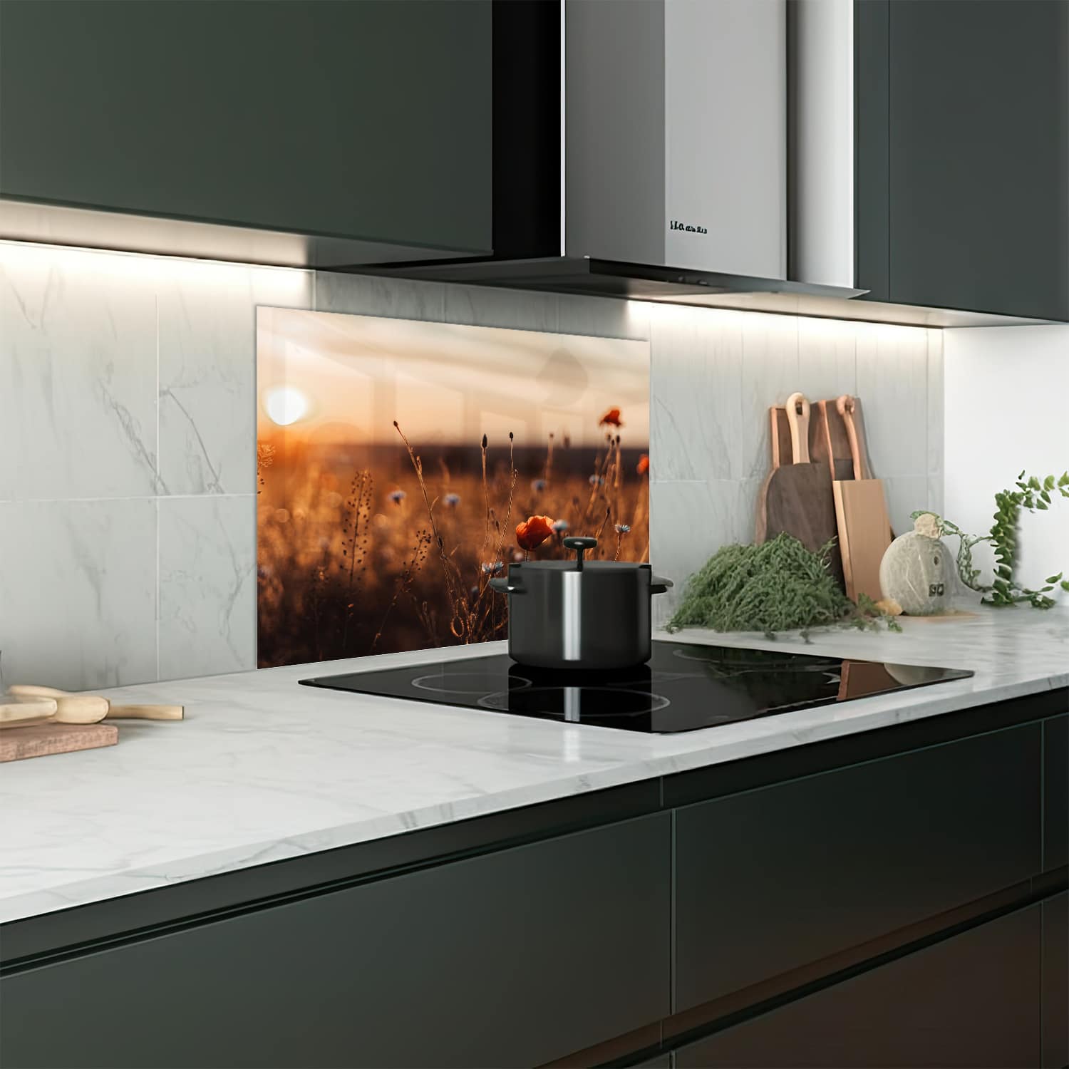Eigen afmeting spatscherm-op-maat Keuken - Hittebestendig gehard glas - Klaprozen in het veld