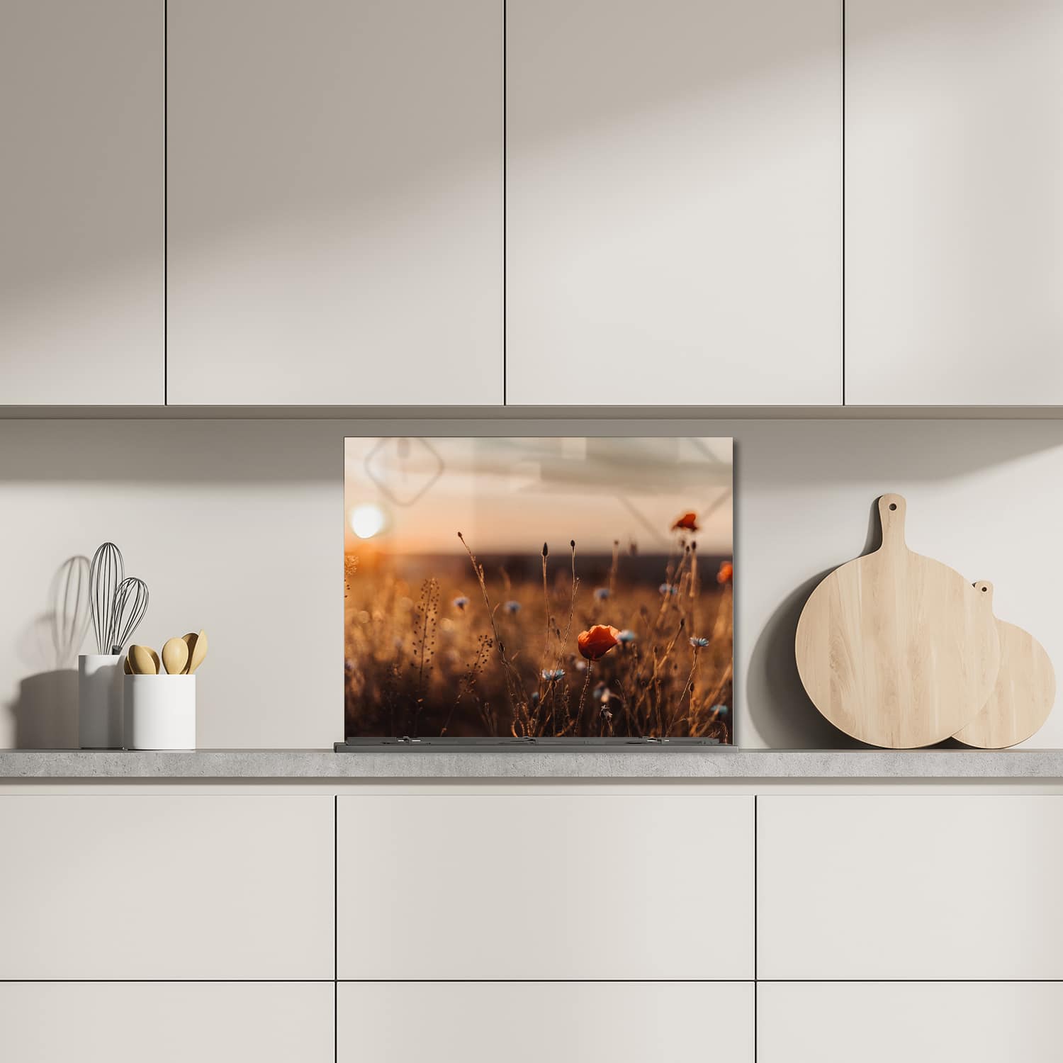 Eigen afmeting spatscherm-op-maat Keuken - Hittebestendig gehard glas - Klaprozen in het veld