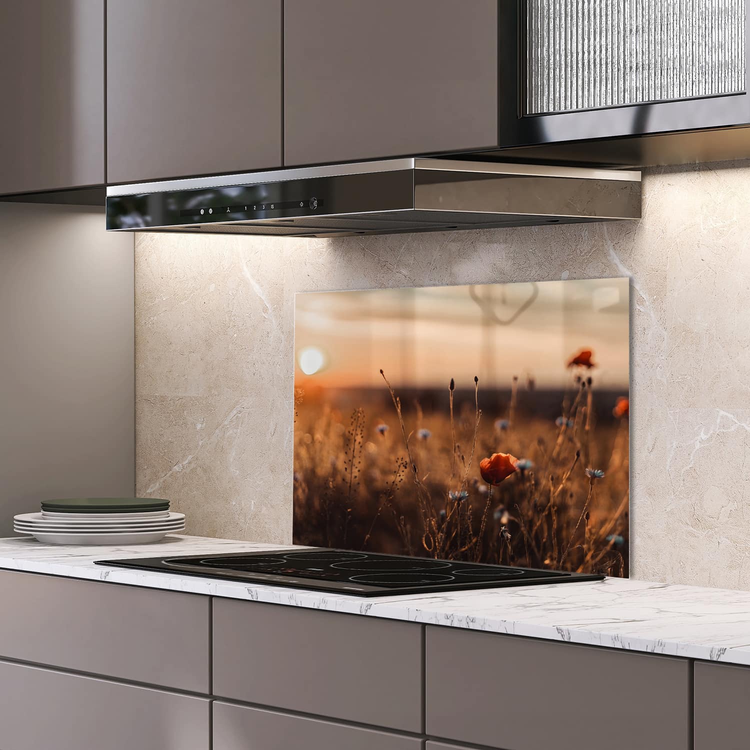 Eigen afmeting spatscherm-op-maat Keuken - Hittebestendig gehard glas - Klaprozen in het veld
