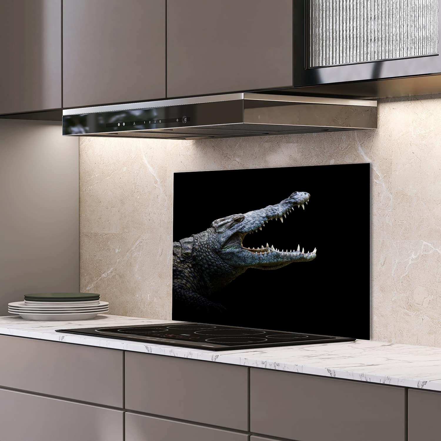 Eigen afmeting spatscherm-op-maat Keuken - Hittebestendig gehard glas - Krokodil