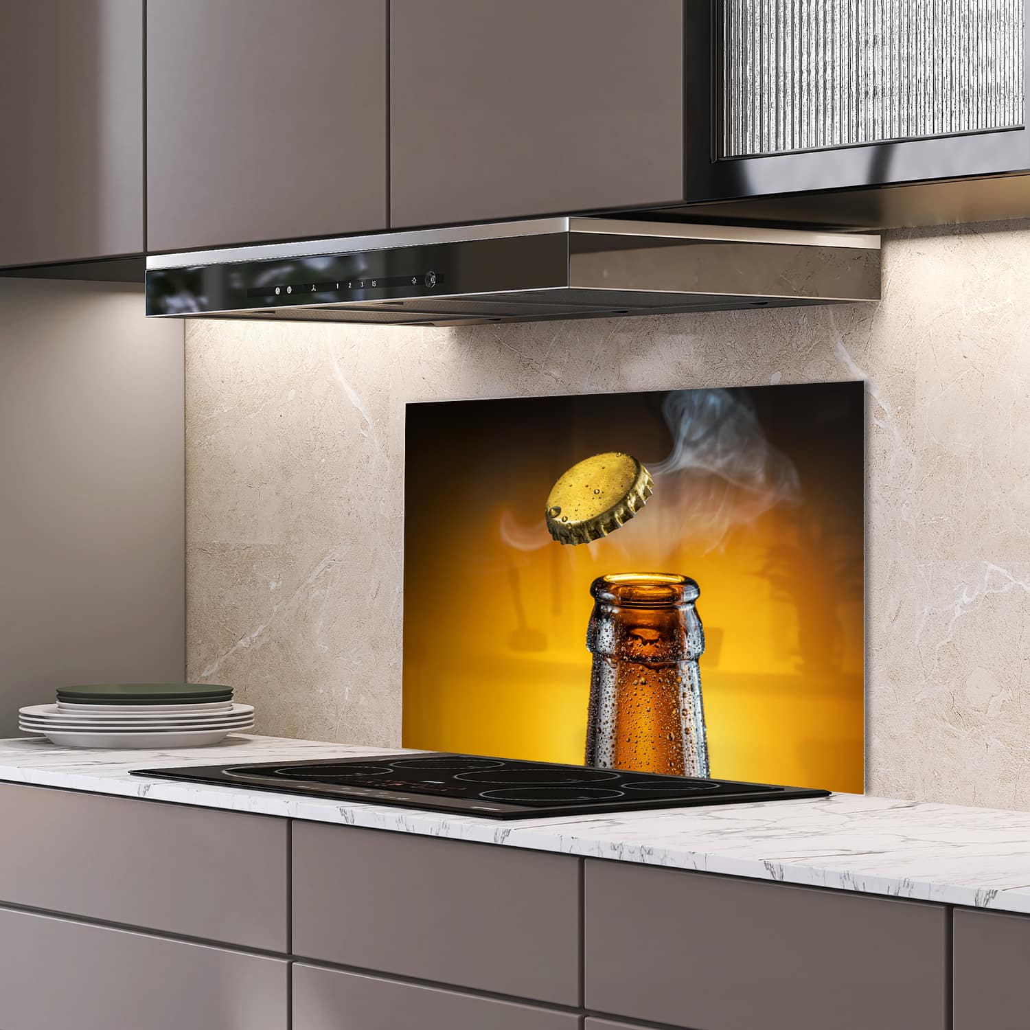 Eigen afmeting spatscherm-op-maat Keuken - Hittebestendig gehard glas - Bierdop