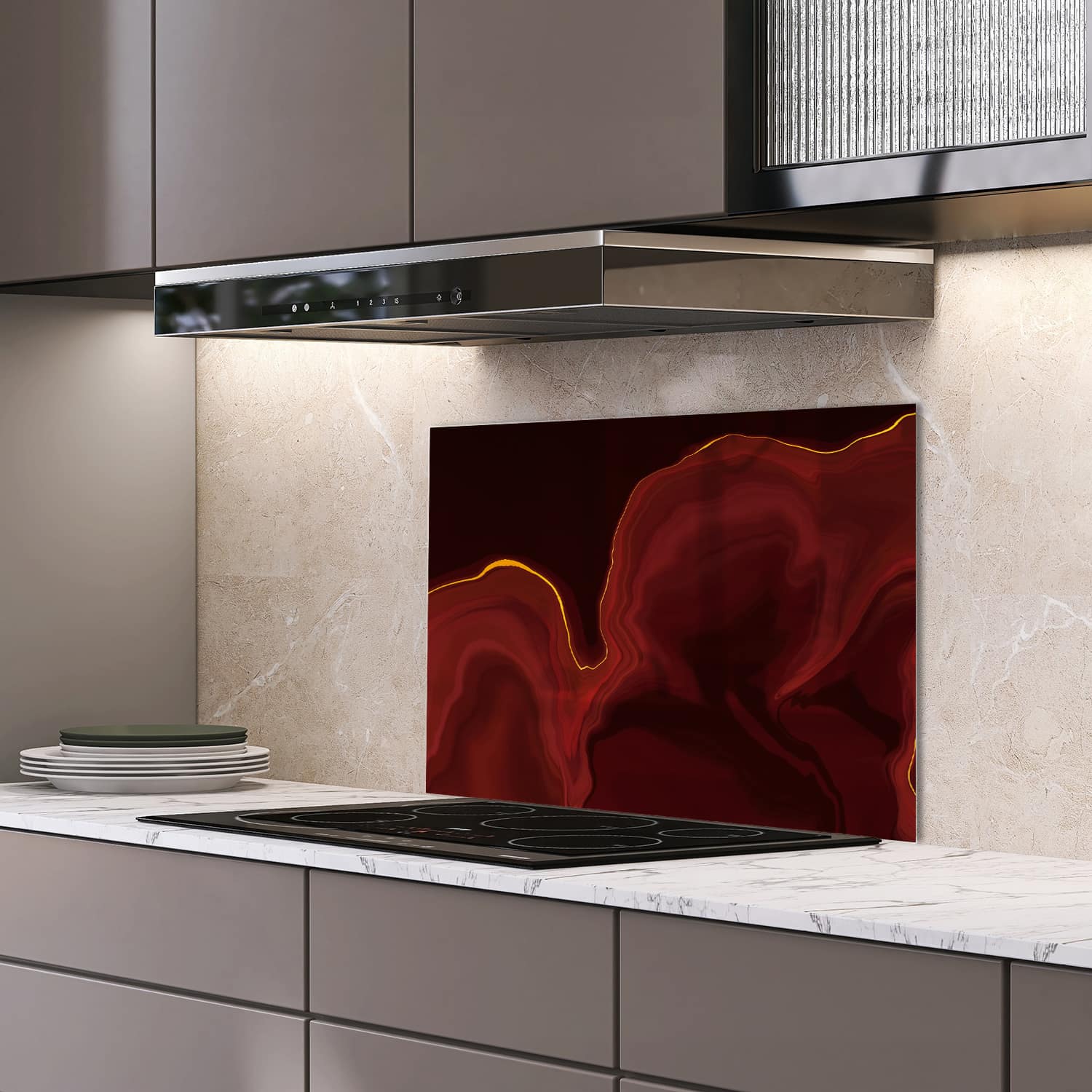 Eigen afmeting spatscherm-op-maat Keuken - Hittebestendig gehard glas - Luxueus Rood Marmer