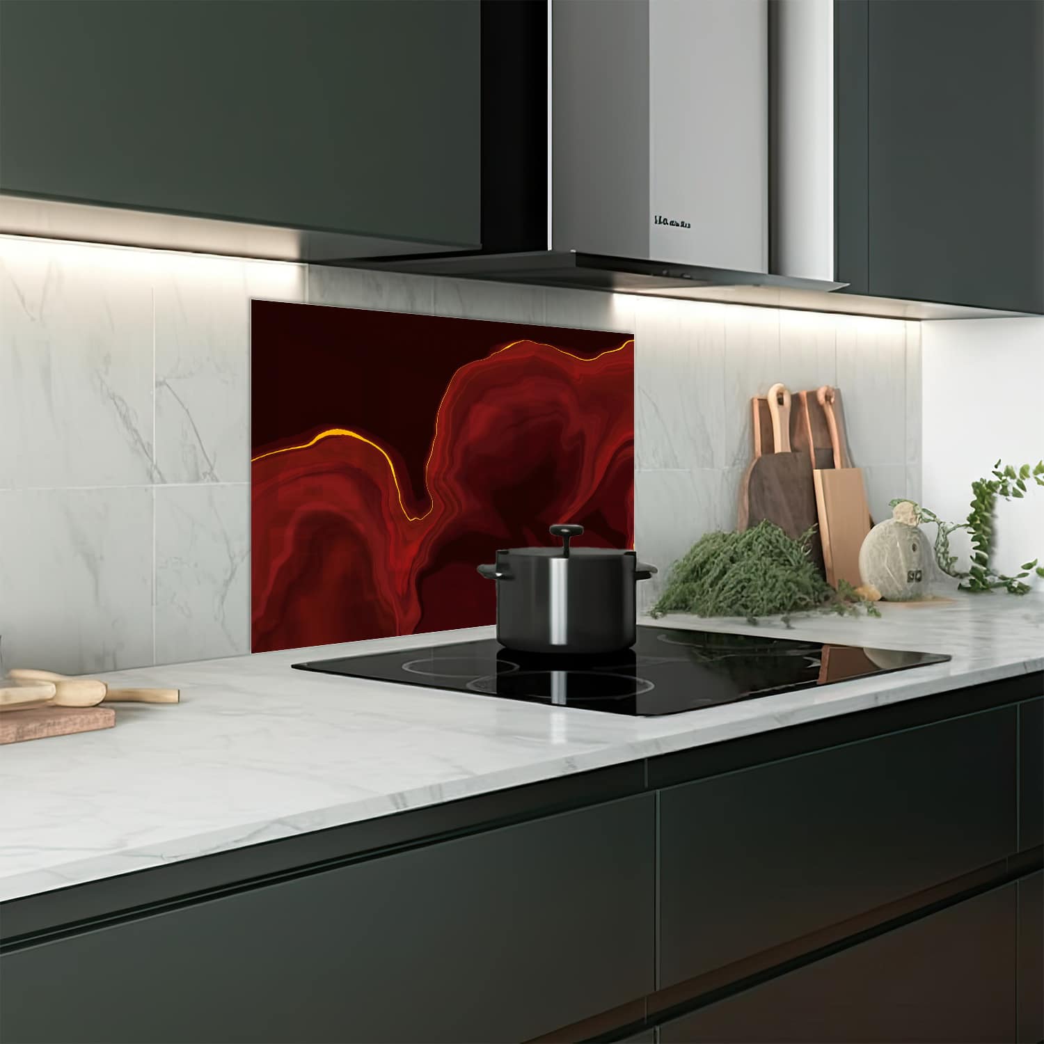 Eigen afmeting spatscherm-op-maat Keuken - Hittebestendig gehard glas - Luxueus Rood Marmer