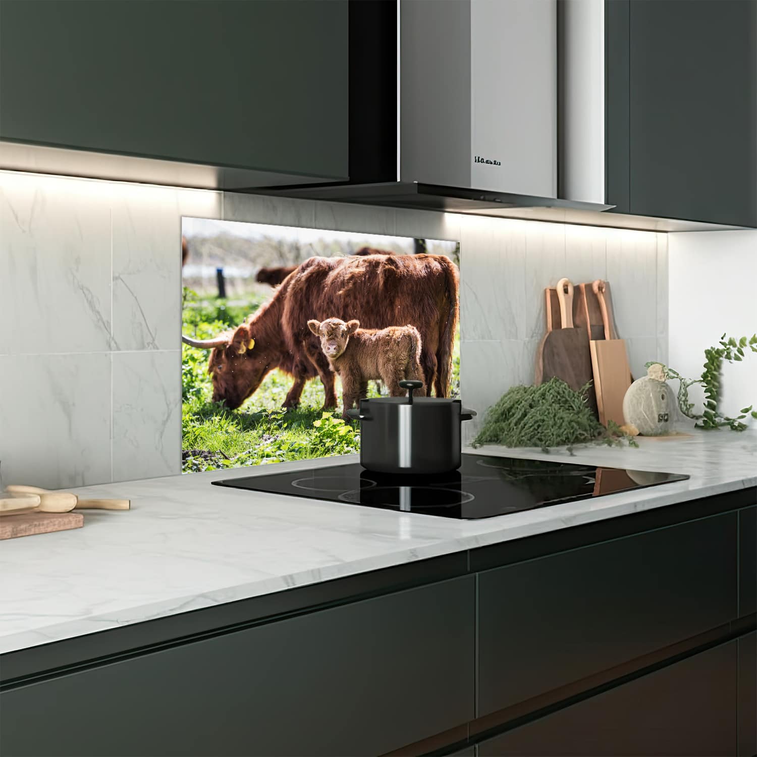 Eigen afmeting spatscherm-op-maat Keuken - Hittebestendig gehard glas - Moeder en Kalf