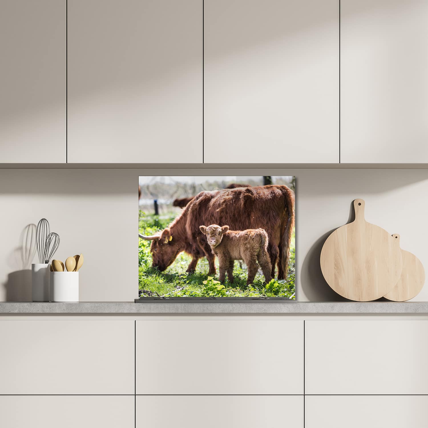Eigen afmeting spatscherm-op-maat Keuken - Hittebestendig gehard glas - Moeder en Kalf