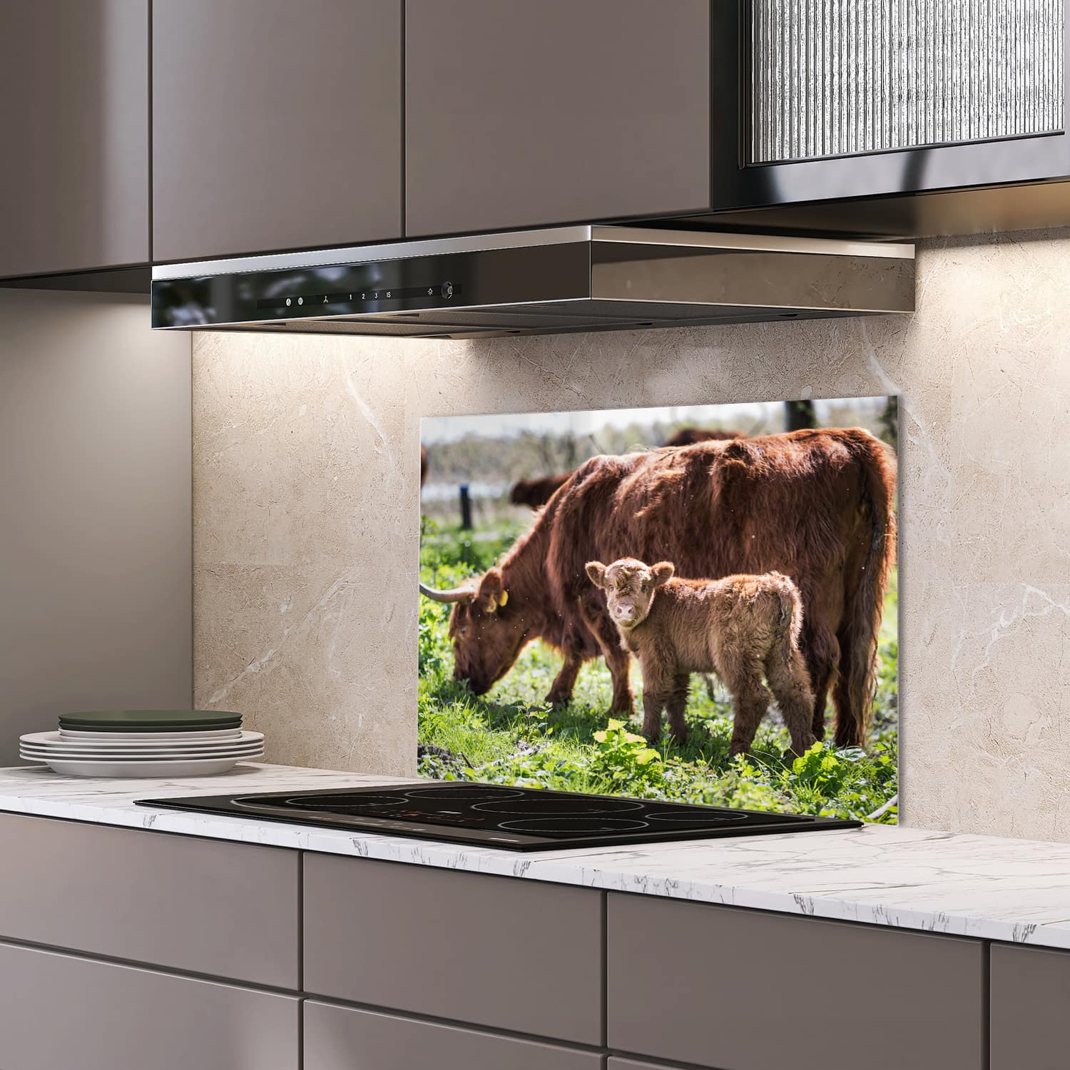 Eigen afmeting spatscherm-op-maat Keuken - Hittebestendig gehard glas - Moeder en Kalf