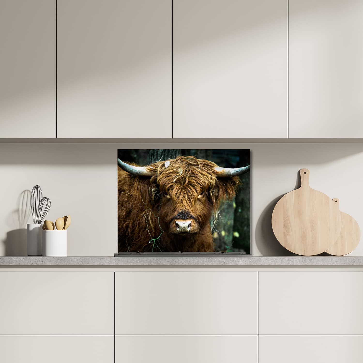 Eigen afmeting spatscherm-op-maat Keuken - Hittebestendig gehard glas - Schotse Hooglander Portret