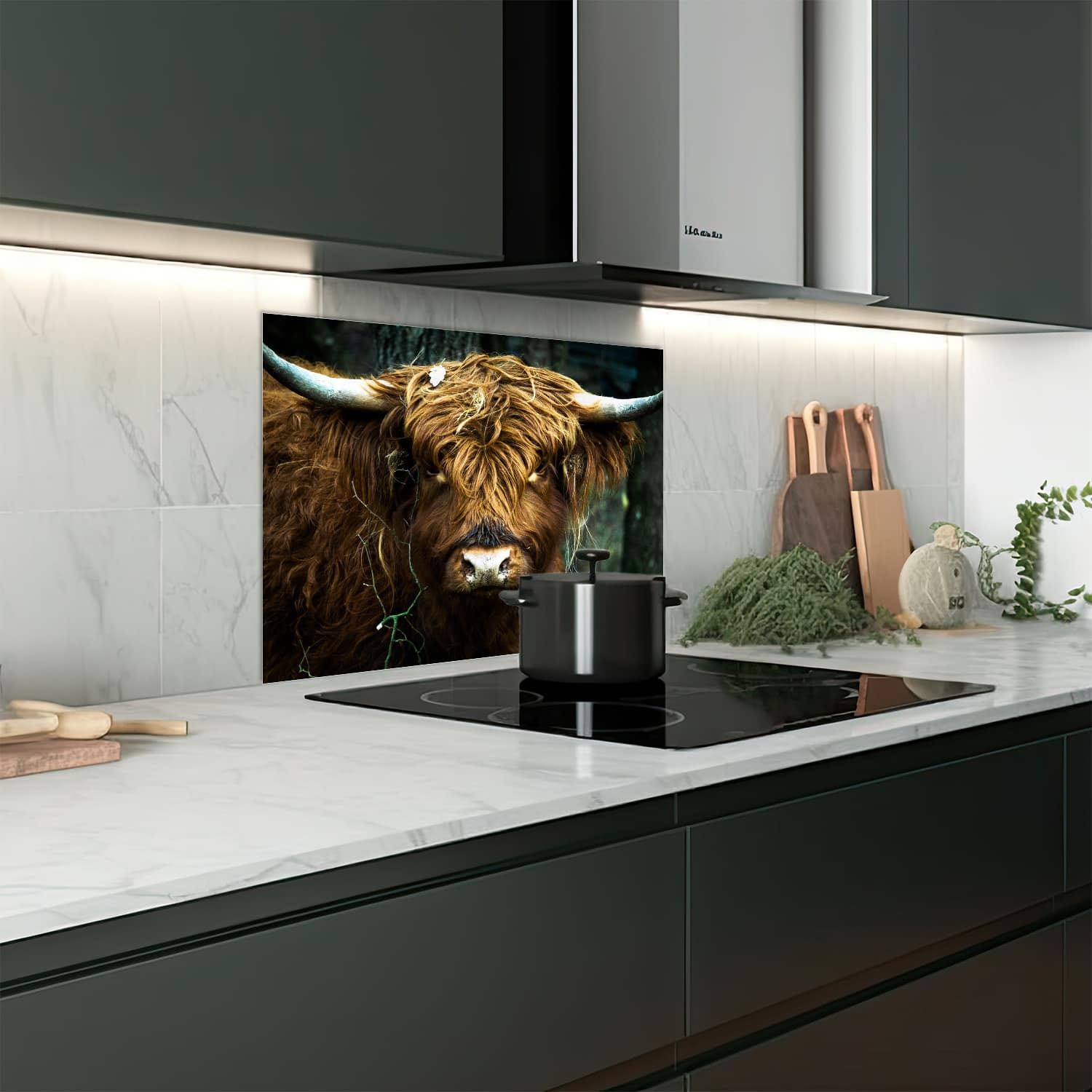 Eigen afmeting spatscherm-op-maat Keuken - Hittebestendig gehard glas - Schotse Hooglander Portret