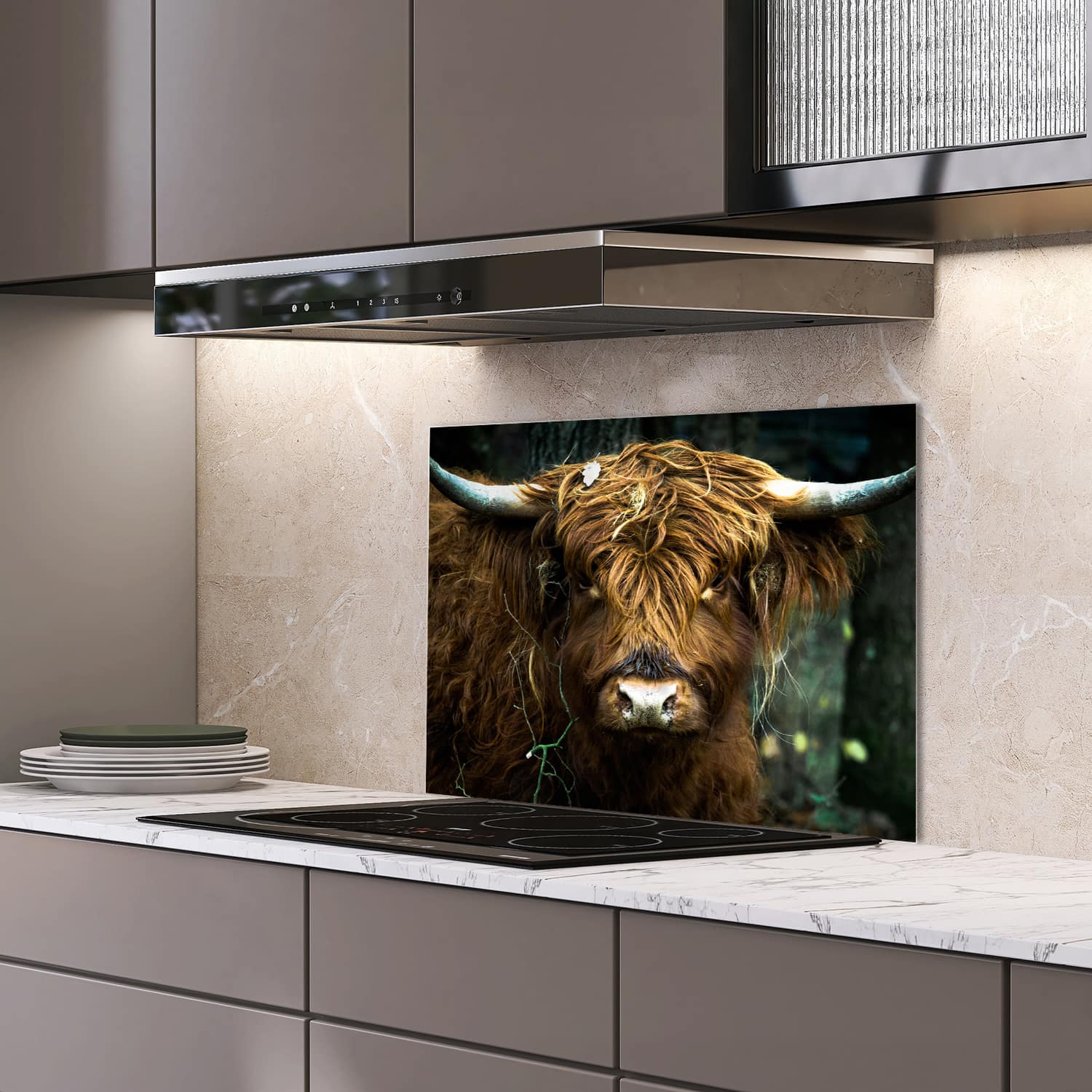 Eigen afmeting spatscherm-op-maat Keuken - Hittebestendig gehard glas - Schotse Hooglander Portret