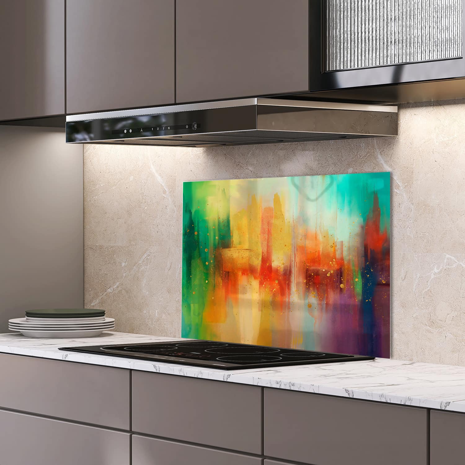 Eigen afmeting spatscherm-op-maat Keuken - Hittebestendig gehard glas - Kleurijk Waterverf Schilderij