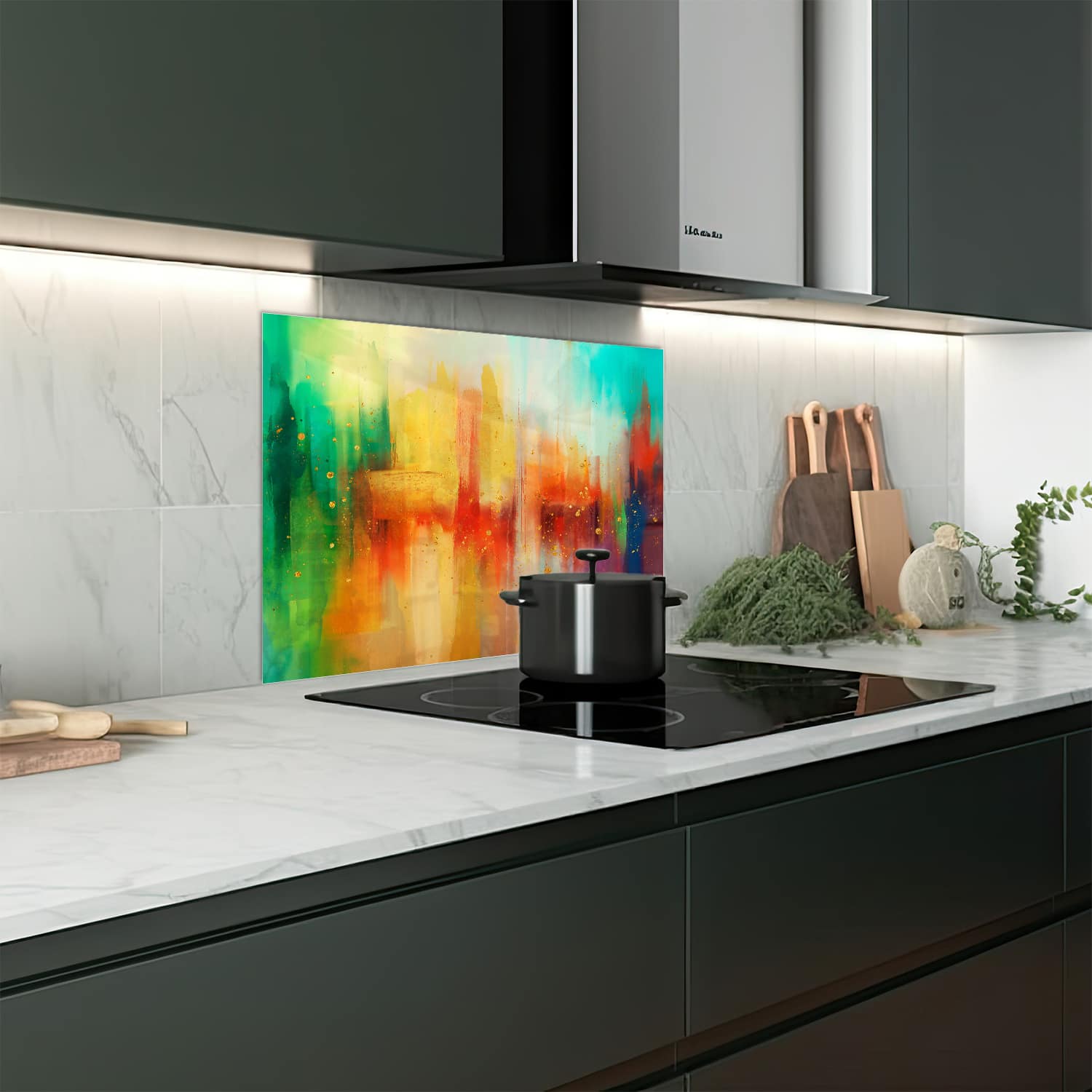 Eigen afmeting spatscherm-op-maat Keuken - Hittebestendig gehard glas - Kleurijk Waterverf Schilderij