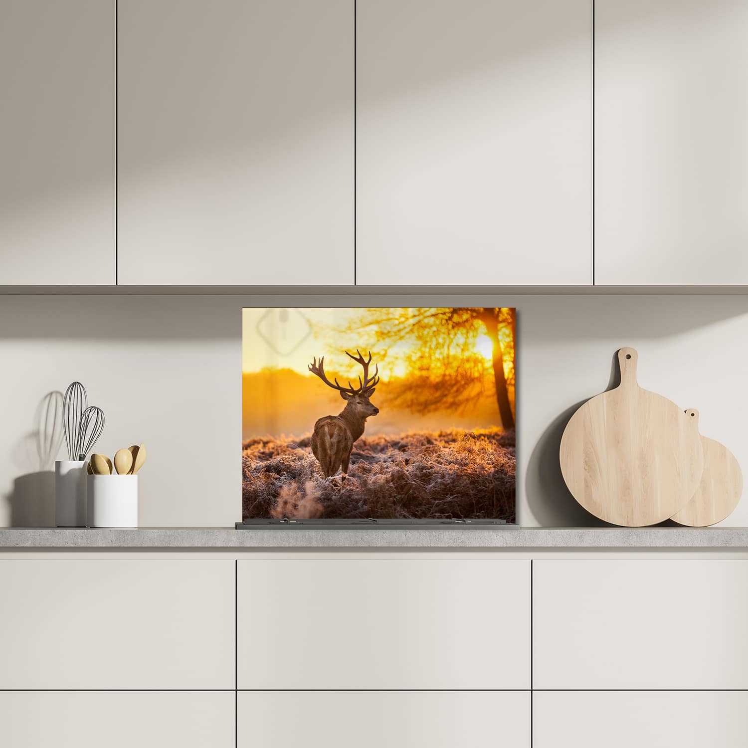 Eigen afmeting spatscherm-op-maat Keuken - Hittebestendig gehard glas - Edelhert in de Ochtendzon