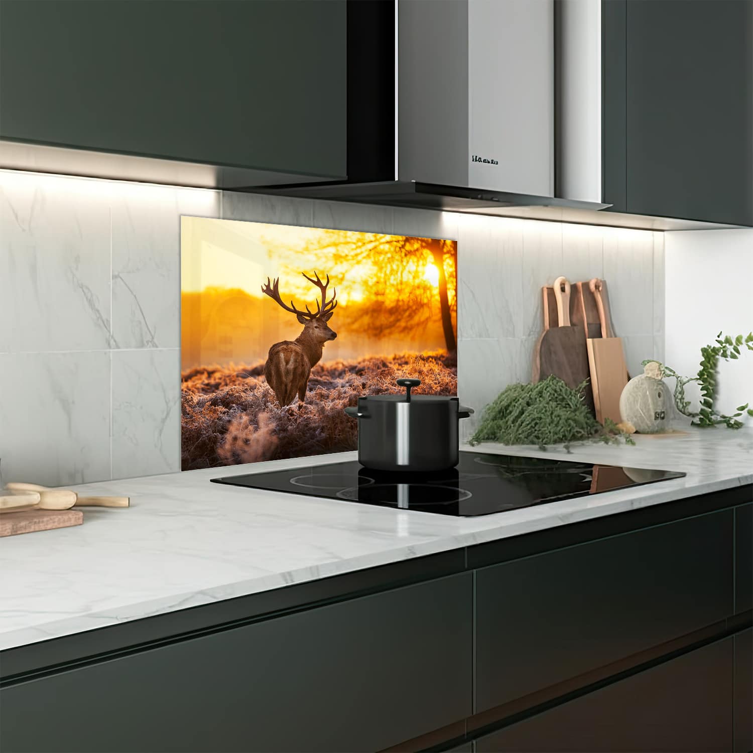 Eigen afmeting spatscherm-op-maat Keuken - Hittebestendig gehard glas - Edelhert in de Ochtendzon