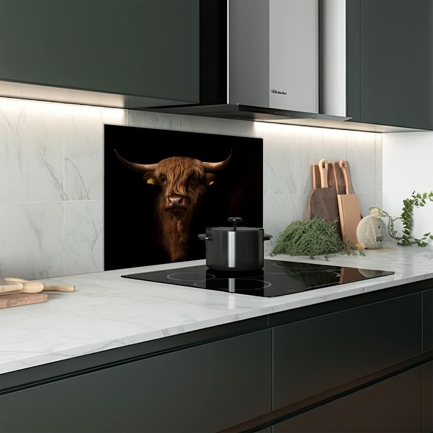 Eigen afmeting spatscherm-op-maat Keuken - Hittebestendig gehard glas - Schotse Hooglander in het Donker
