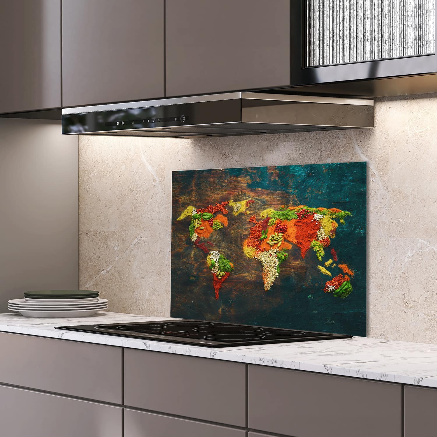 Eigen afmeting spatscherm-op-maat Keuken - Hittebestendig gehard glas - Wereldkaart van Kruiden
