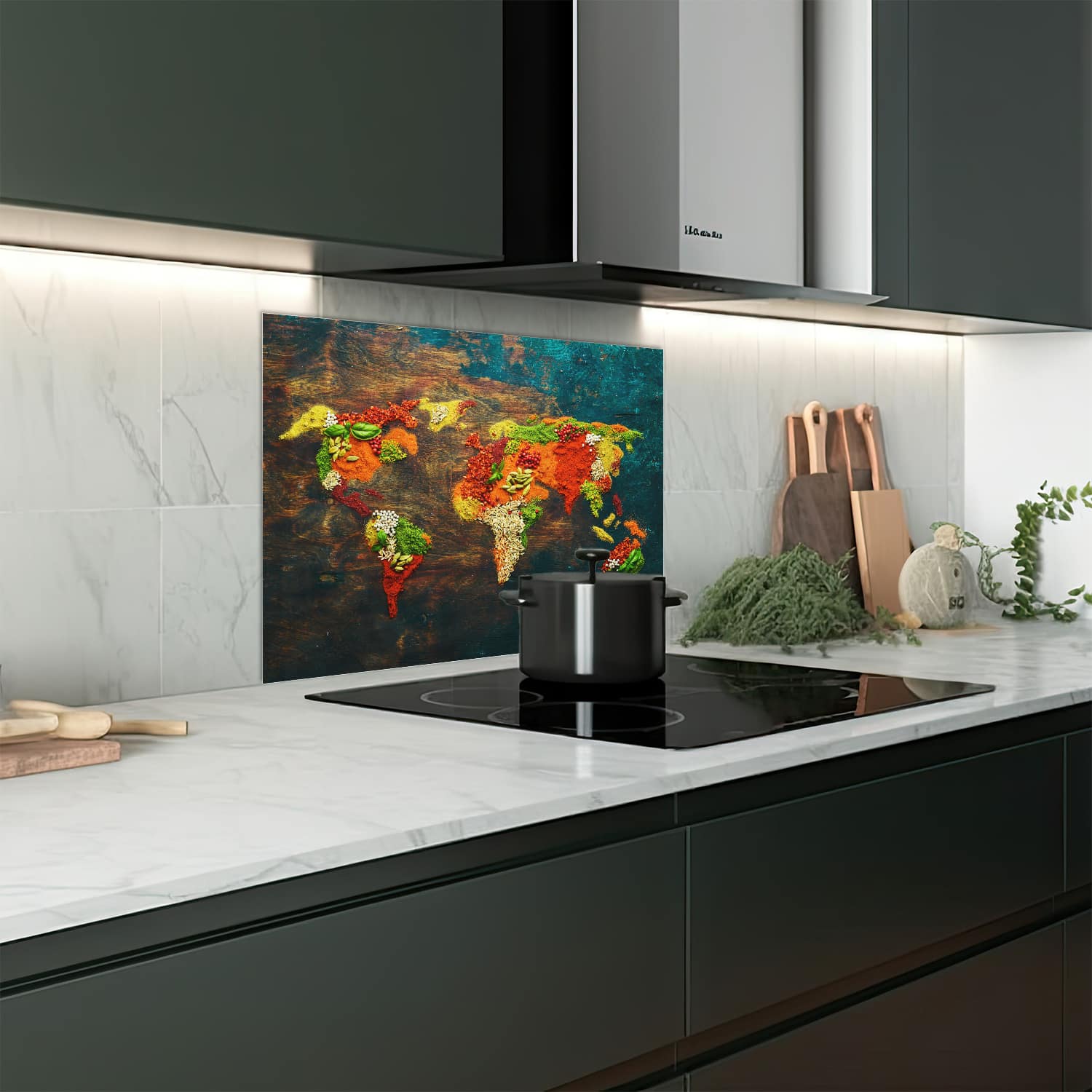 Eigen afmeting spatscherm-op-maat Keuken - Hittebestendig gehard glas - Wereldkaart van Kruiden