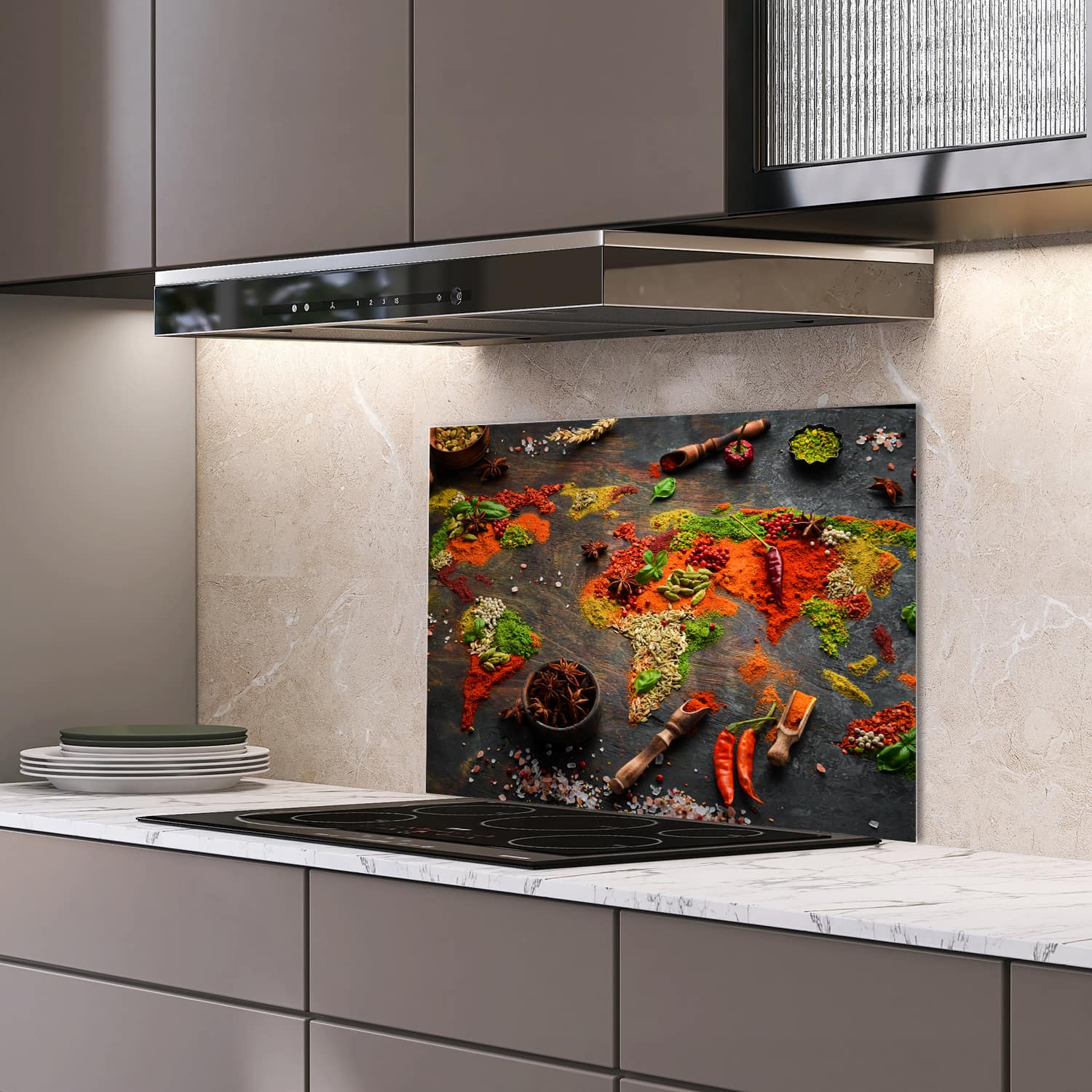 Eigen afmeting spatscherm-op-maat Keuken - Hittebestendig gehard glas - Specerijen over de Wereld
