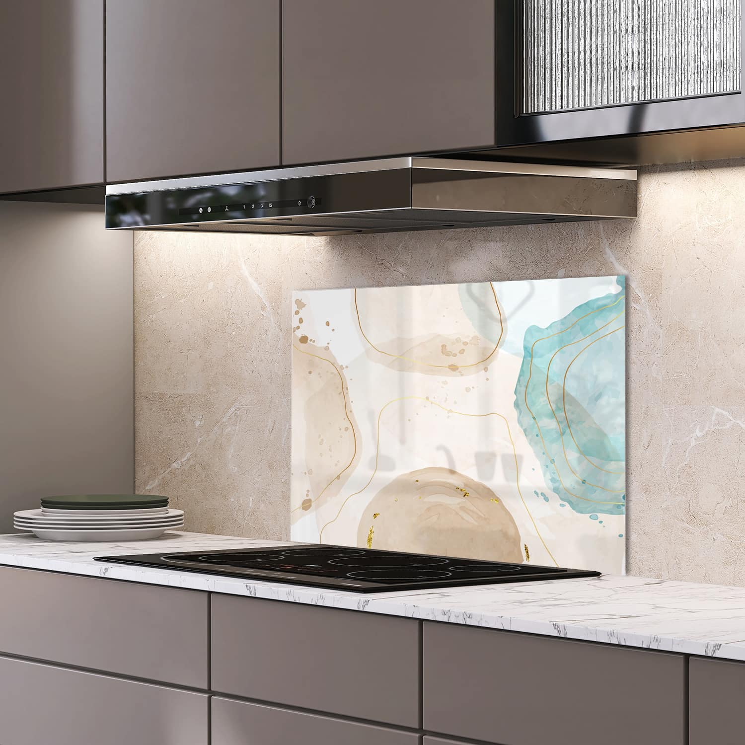 Eigen afmeting spatscherm-op-maat Keuken - Hittebestendig gehard glas - Waterverf Kunst