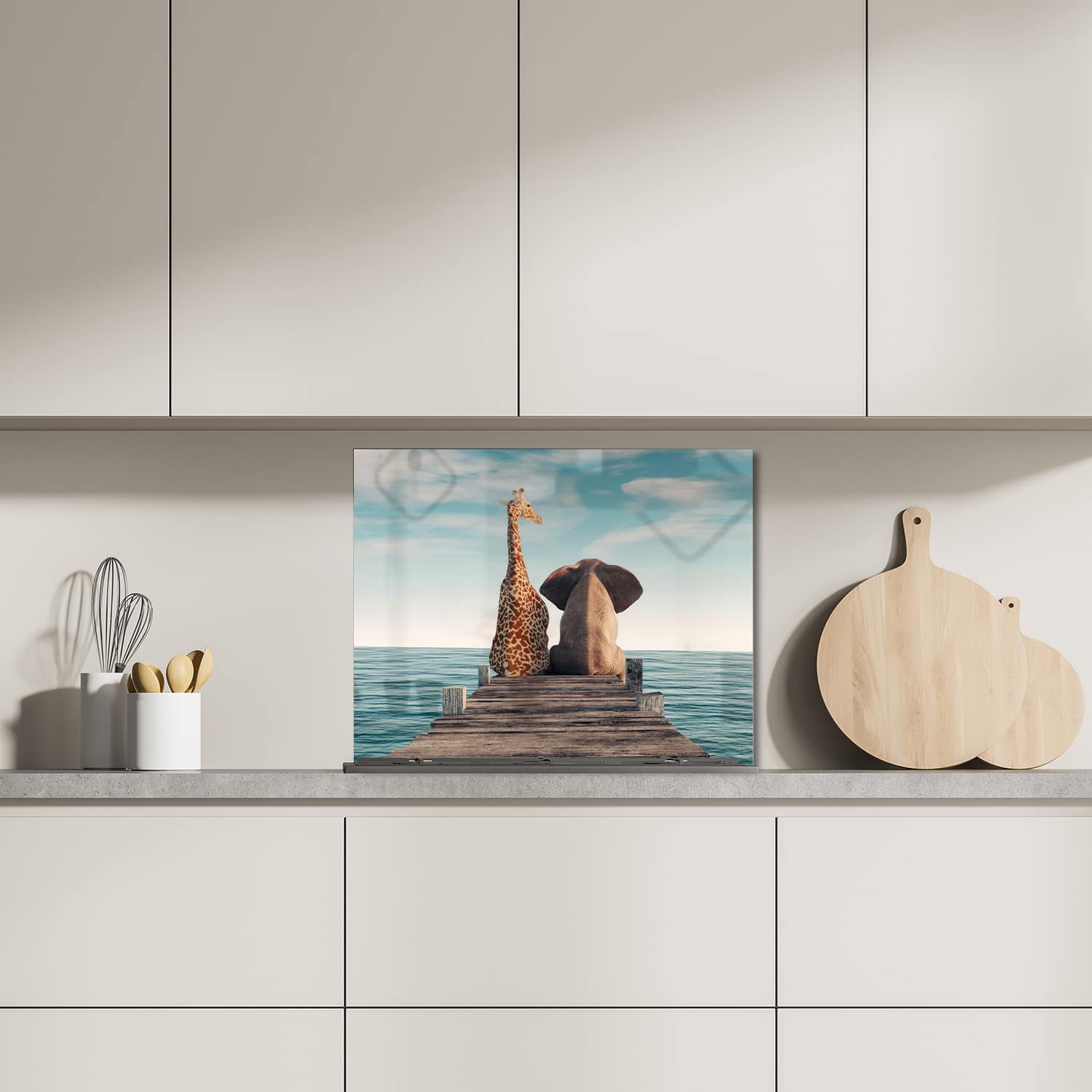 Eigen afmeting spatscherm-op-maat Keuken - Hittebestendig gehard glas - Giraffe en Olifant