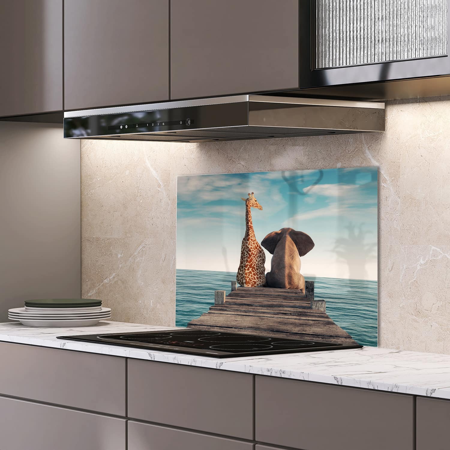 Eigen afmeting spatscherm-op-maat Keuken - Hittebestendig gehard glas - Giraffe en Olifant