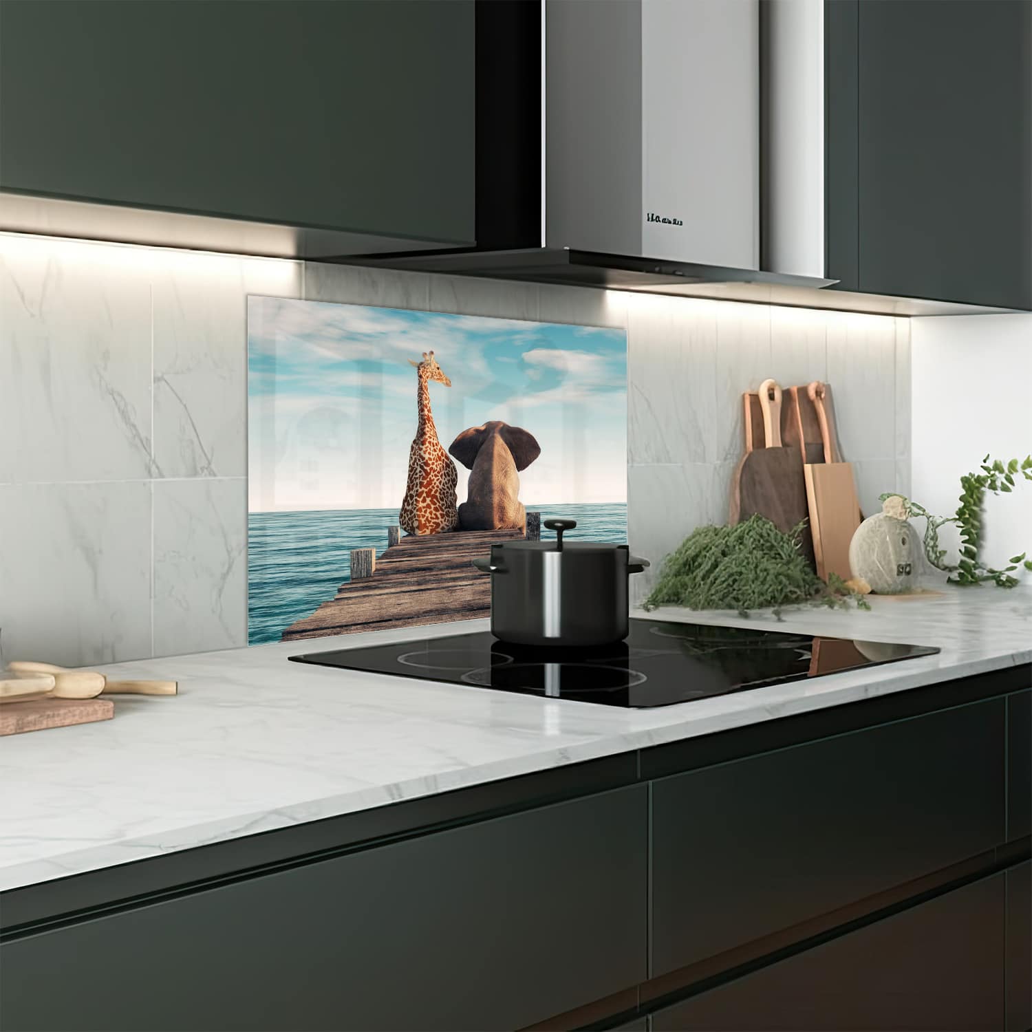 Eigen afmeting spatscherm-op-maat Keuken - Hittebestendig gehard glas - Giraffe en Olifant
