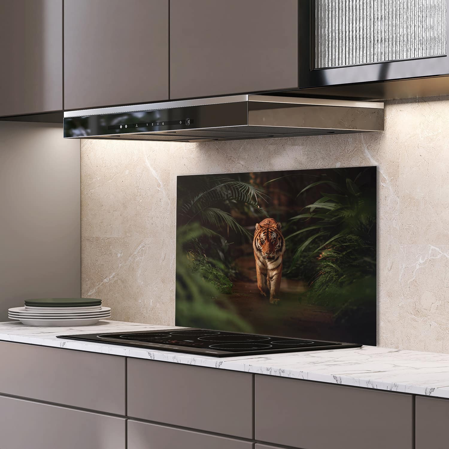 Eigen afmeting spatscherm-op-maat Keuken - Hittebestendig gehard glas - Tijger in het Bos