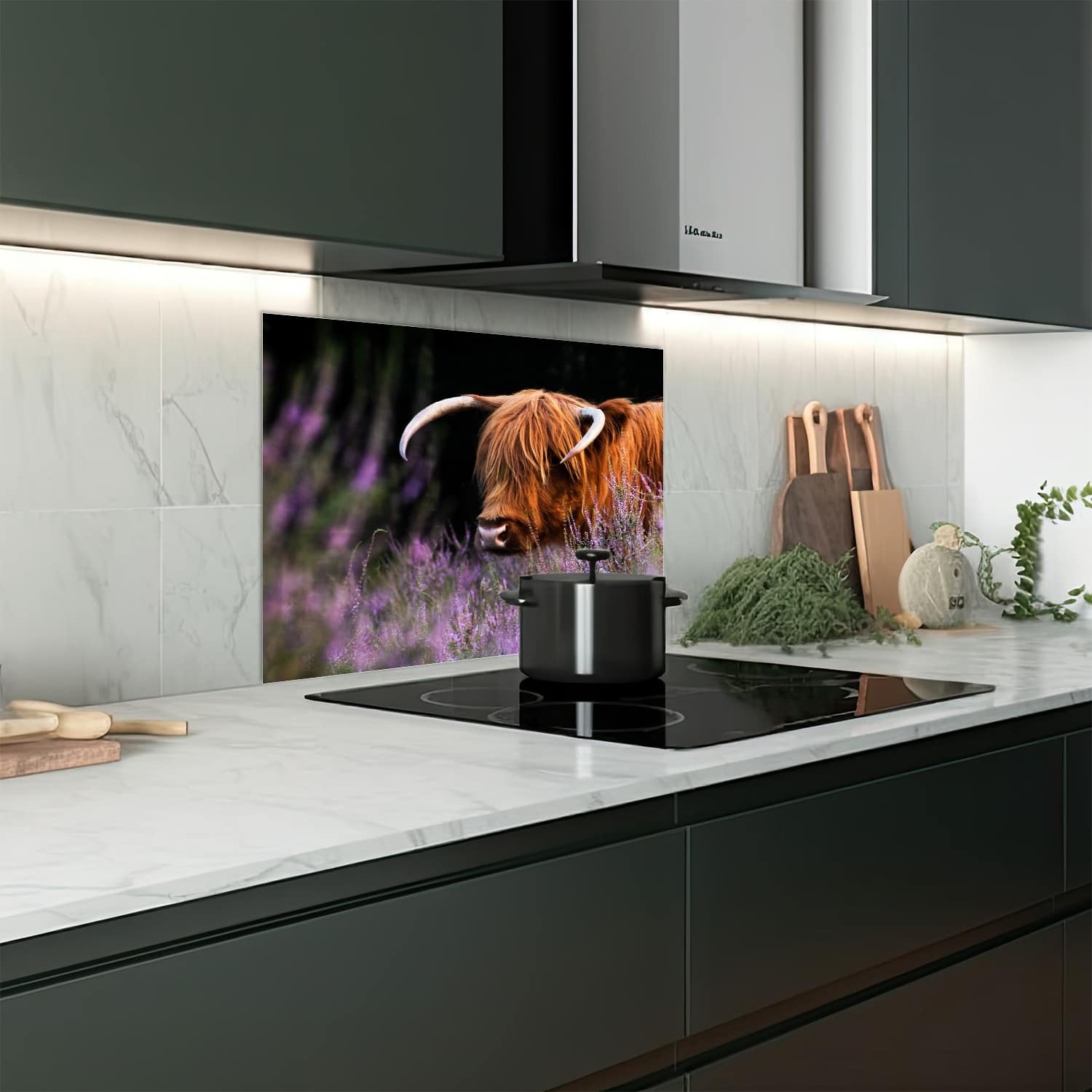 Eigen afmeting spatscherm-op-maat Keuken - Hittebestendig gehard glas - Schotse Hooglander Tussen de Bloemen