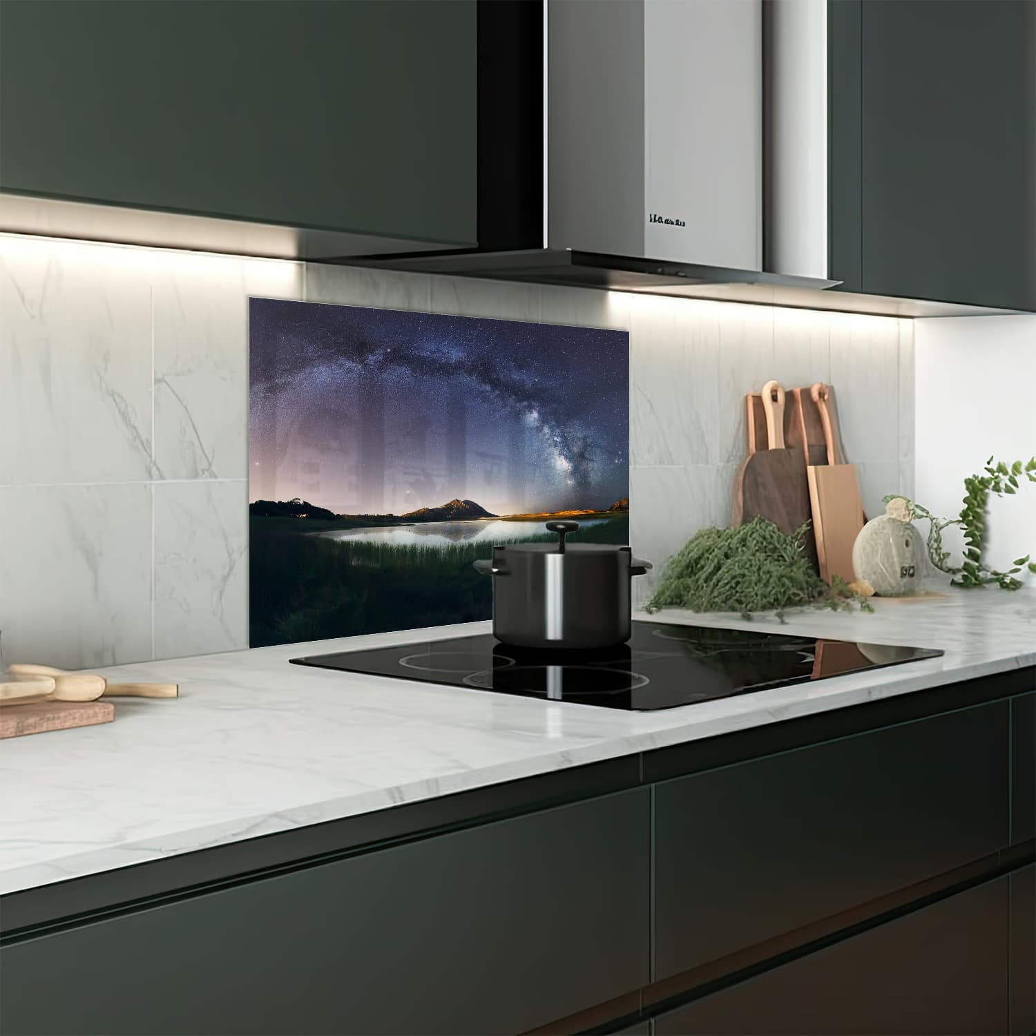 Eigen afmeting spatscherm-op-maat Keuken - Hittebestendig gehard glas - Melkweg Reflectie