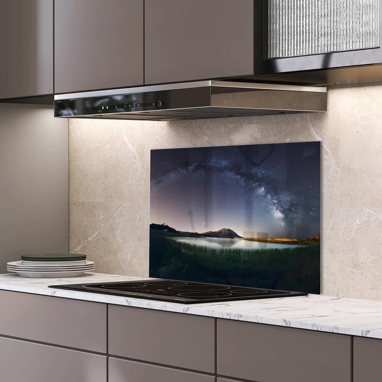 Eigen afmeting spatscherm-op-maat Keuken - Hittebestendig gehard glas - Melkweg Reflectie