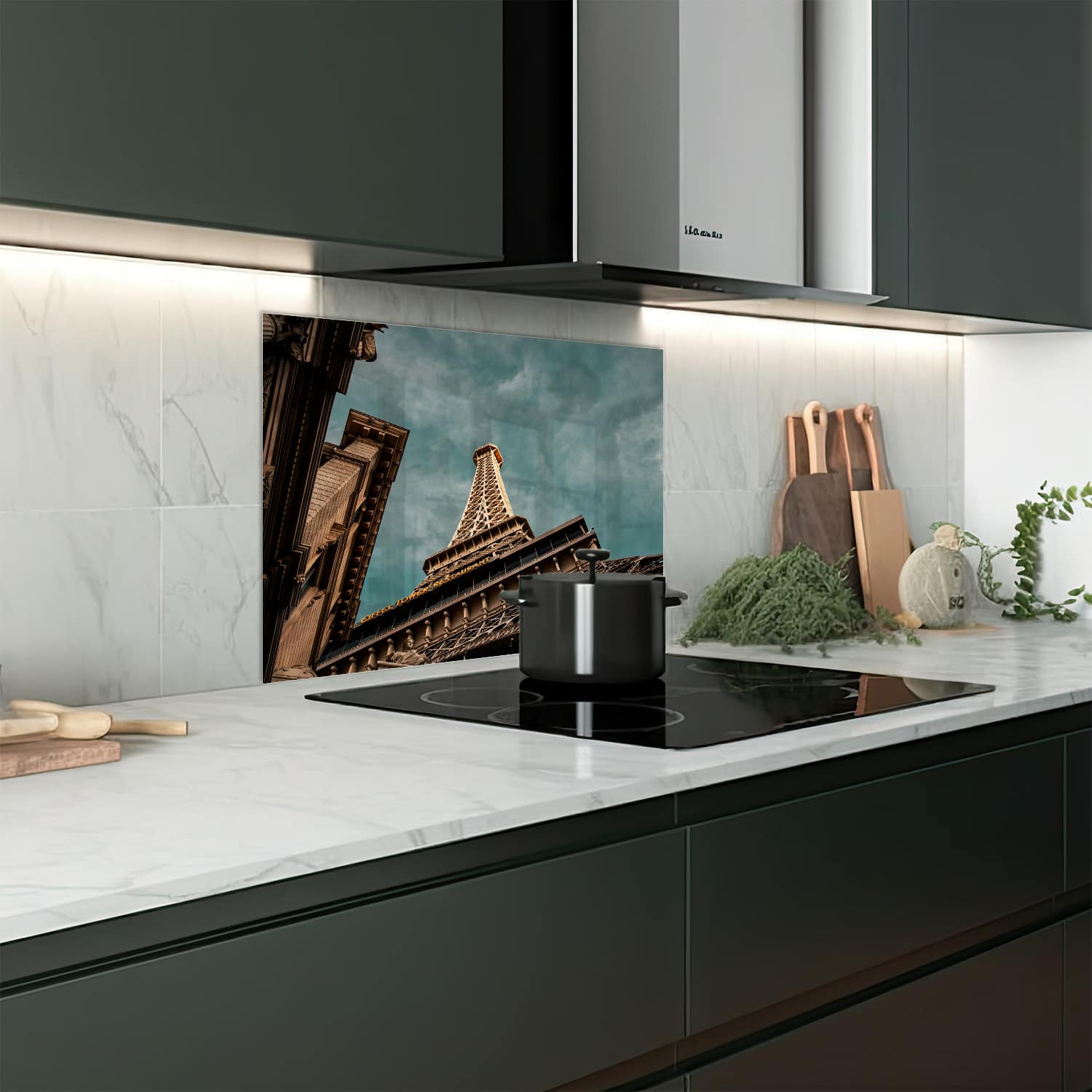 Eigen afmeting spatscherm-op-maat Keuken - Hittebestendig gehard glas - Eiffeltoren van onderaf
