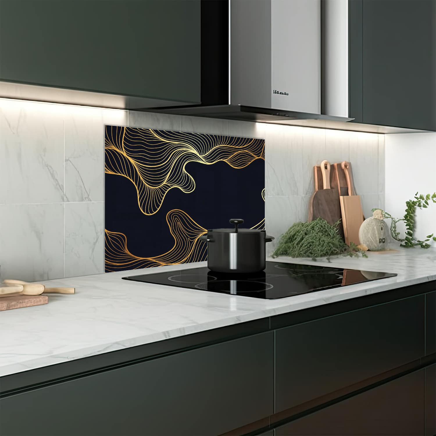 Eigen afmeting spatscherm-op-maat Keuken - Hittebestendig gehard glas - Zwarte achtergrond met gouden lijnen