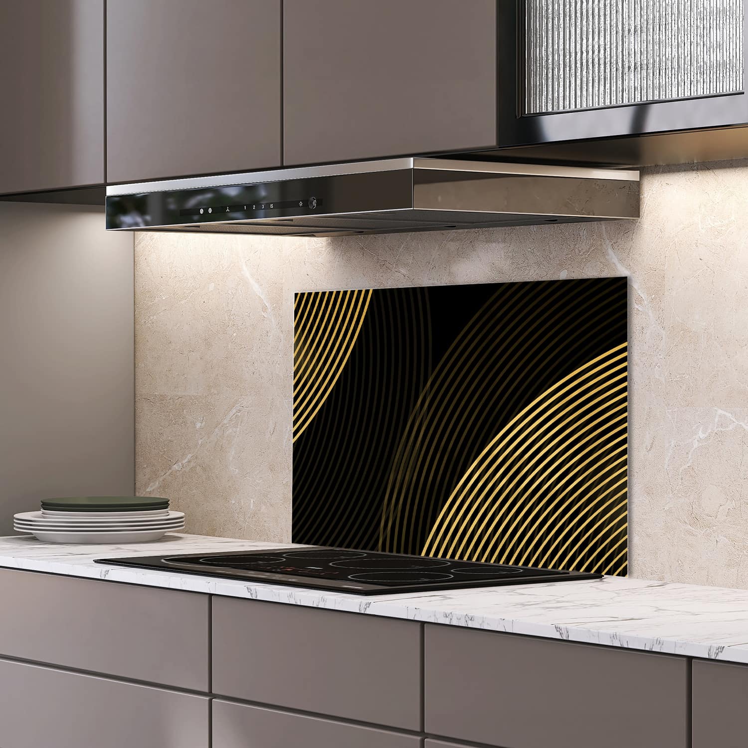 Eigen afmeting spatscherm-op-maat Keuken - Hittebestendig gehard glas - Gouden lijnen op zwarte achtergrond
