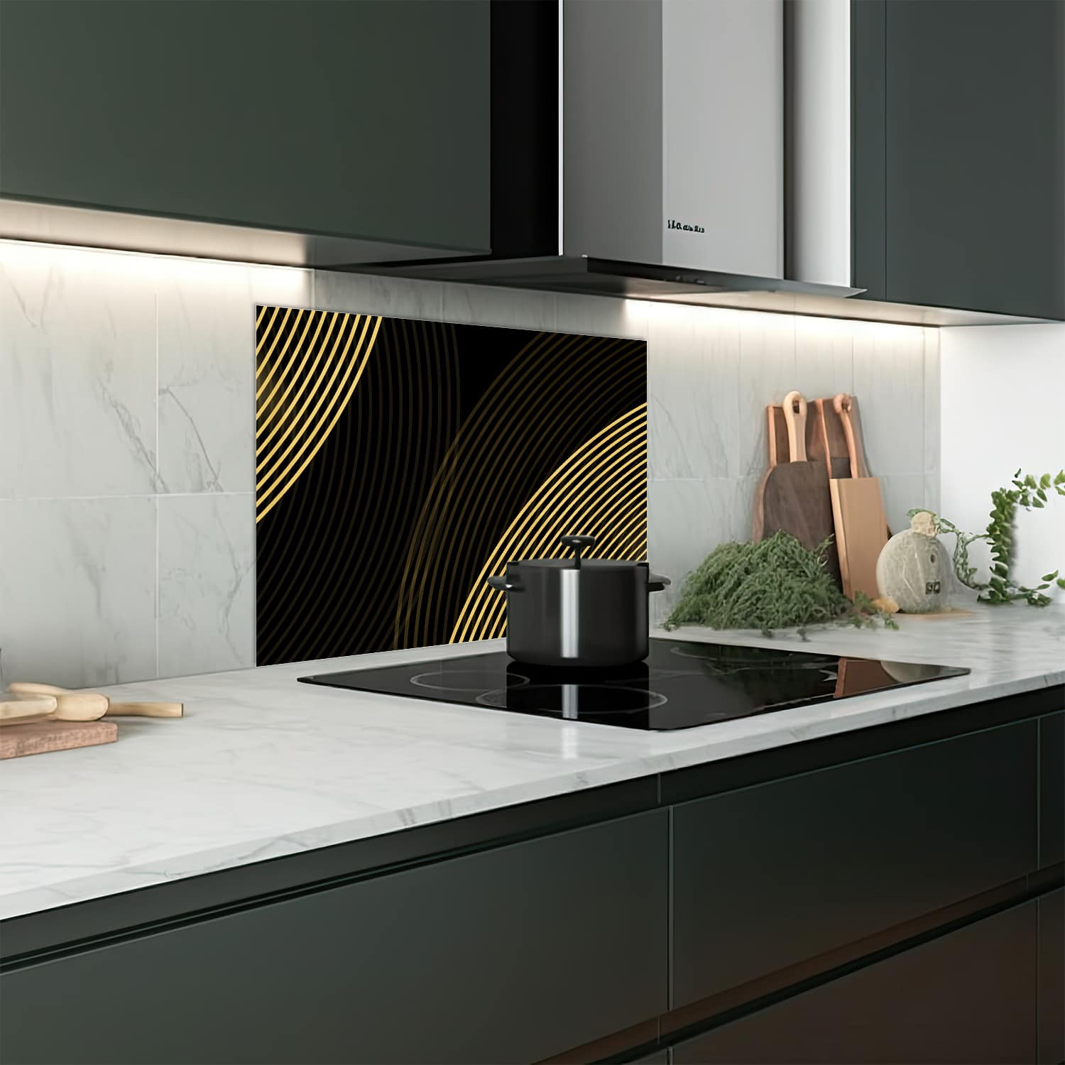 Eigen afmeting spatscherm-op-maat Keuken - Hittebestendig gehard glas - Gouden lijnen op zwarte achtergrond