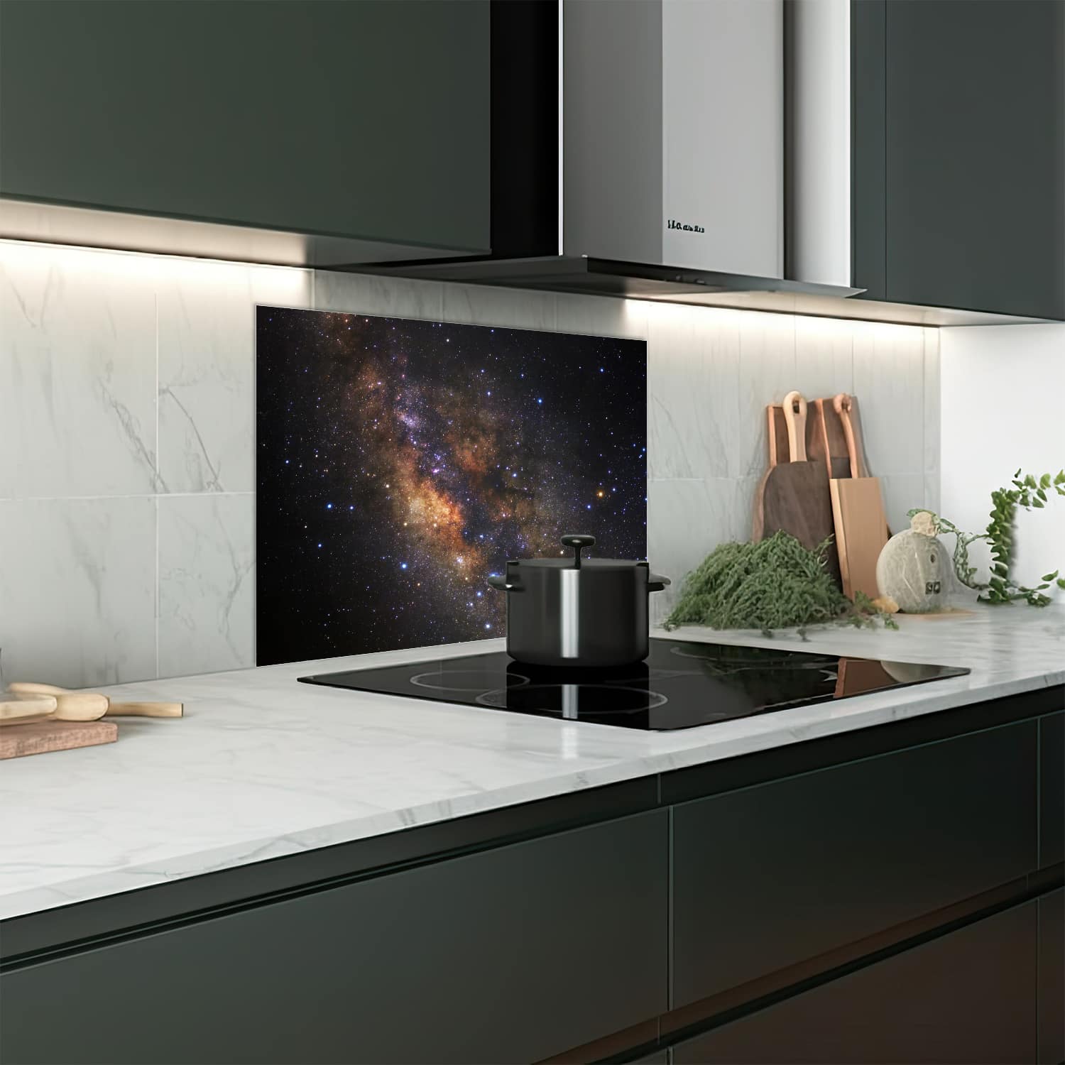 Eigen afmeting spatscherm-op-maat Keuken - Hittebestendig gehard glas - Melkweg tussen de Sterren