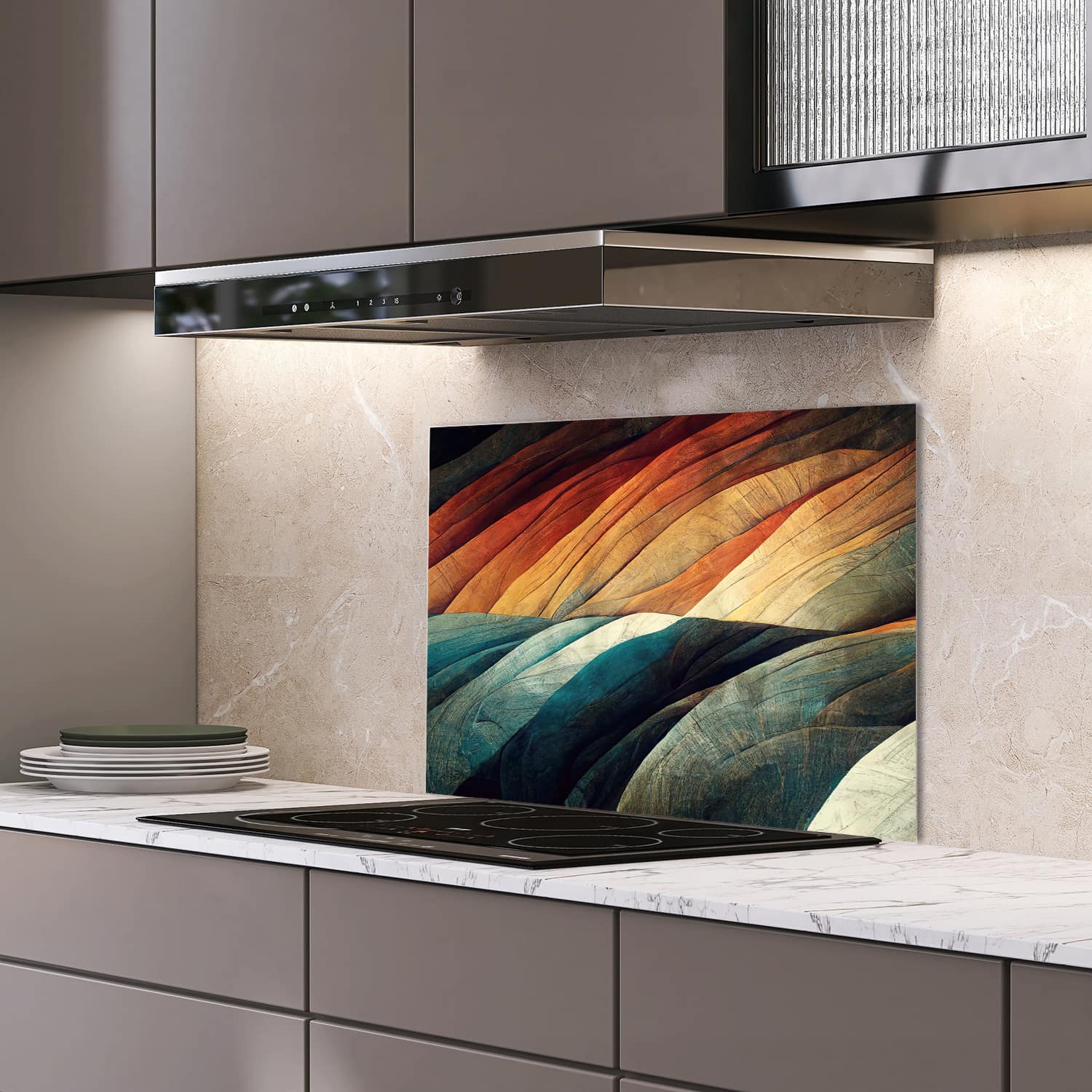 Eigen afmeting spatscherm-op-maat Keuken - Hittebestendig gehard glas - Abstracte Natuurlijke Golven