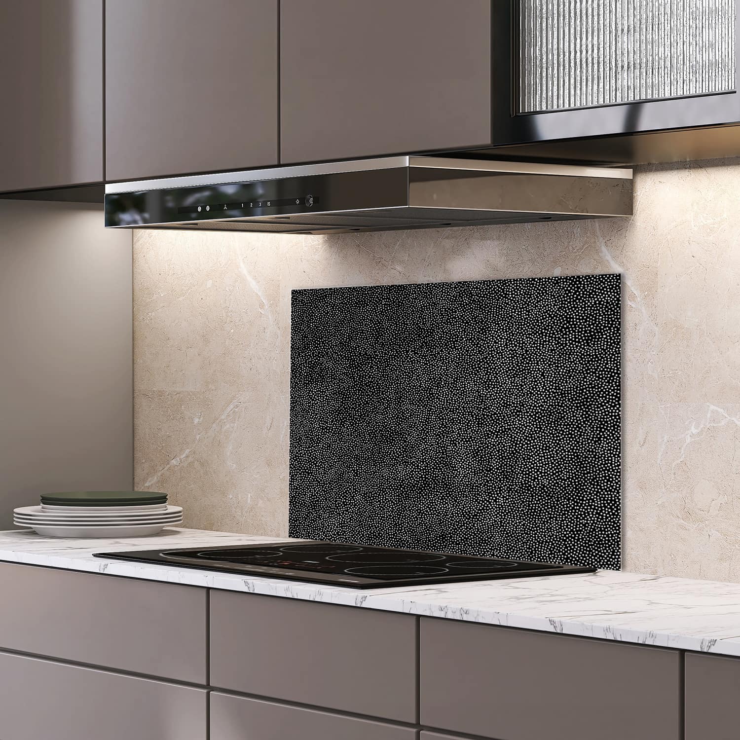 Eigen afmeting spatscherm-op-maat Keuken - Hittebestendig gehard glas - Stippel Textuur