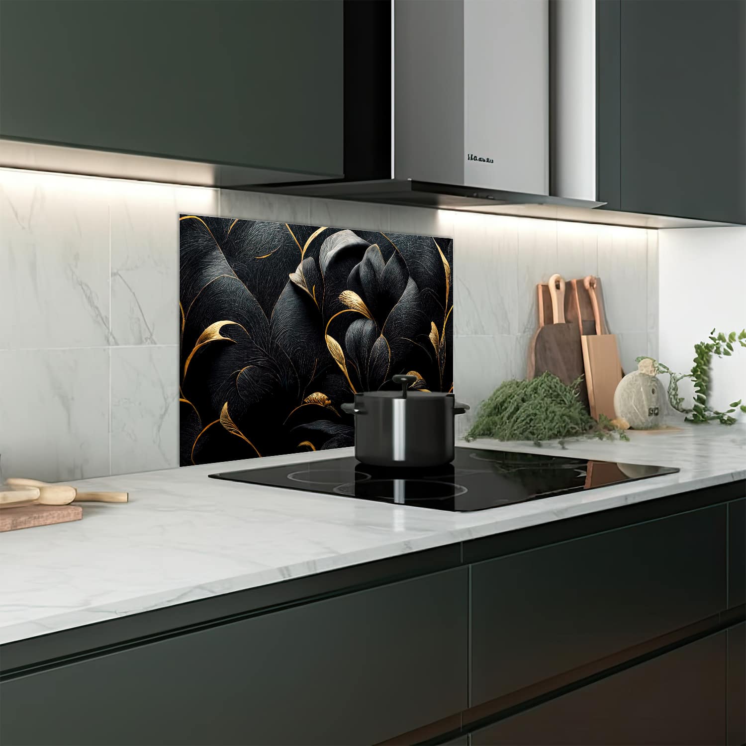 Eigen afmeting spatscherm-op-maat Keuken - Hittebestendig gehard glas - Luxe Zwarte en Gouden Bloemenpatroon