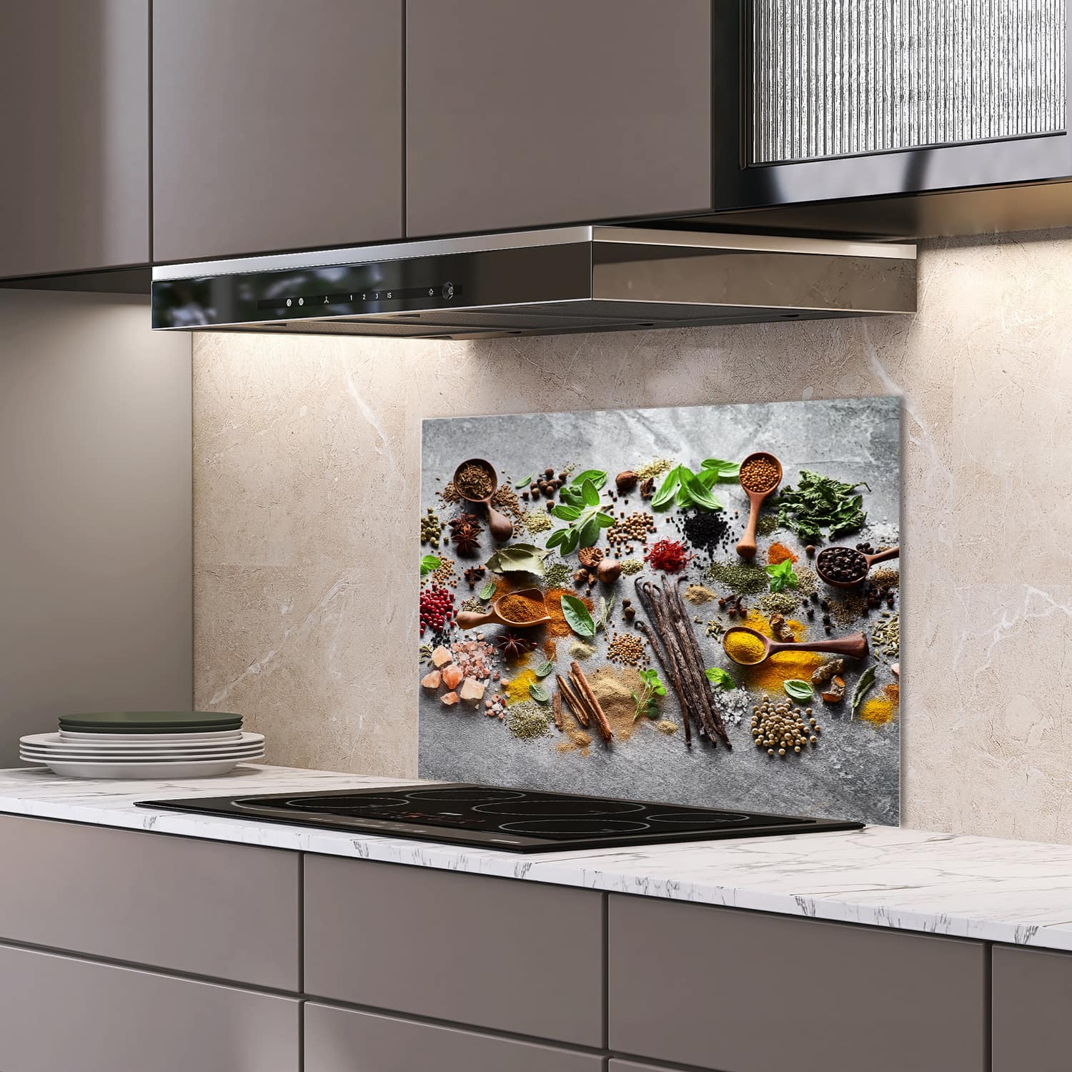 Eigen afmeting spatscherm-op-maat Keuken - Hittebestendig gehard glas - Kruiden & Specerijen op Beton